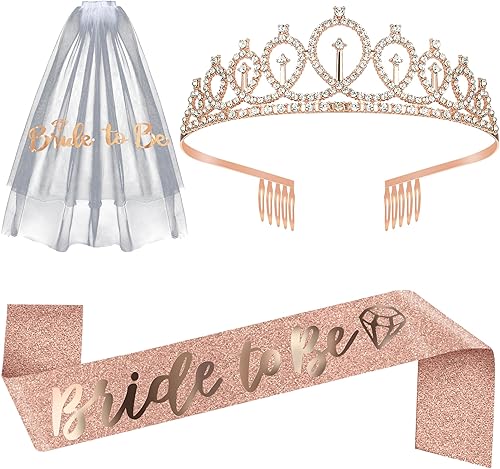 KatchOn, Juego de decoraciones para despedida de soltera con purpurina, paquete de 3, banda y velo de oro rosa, decoraciones de despedida de