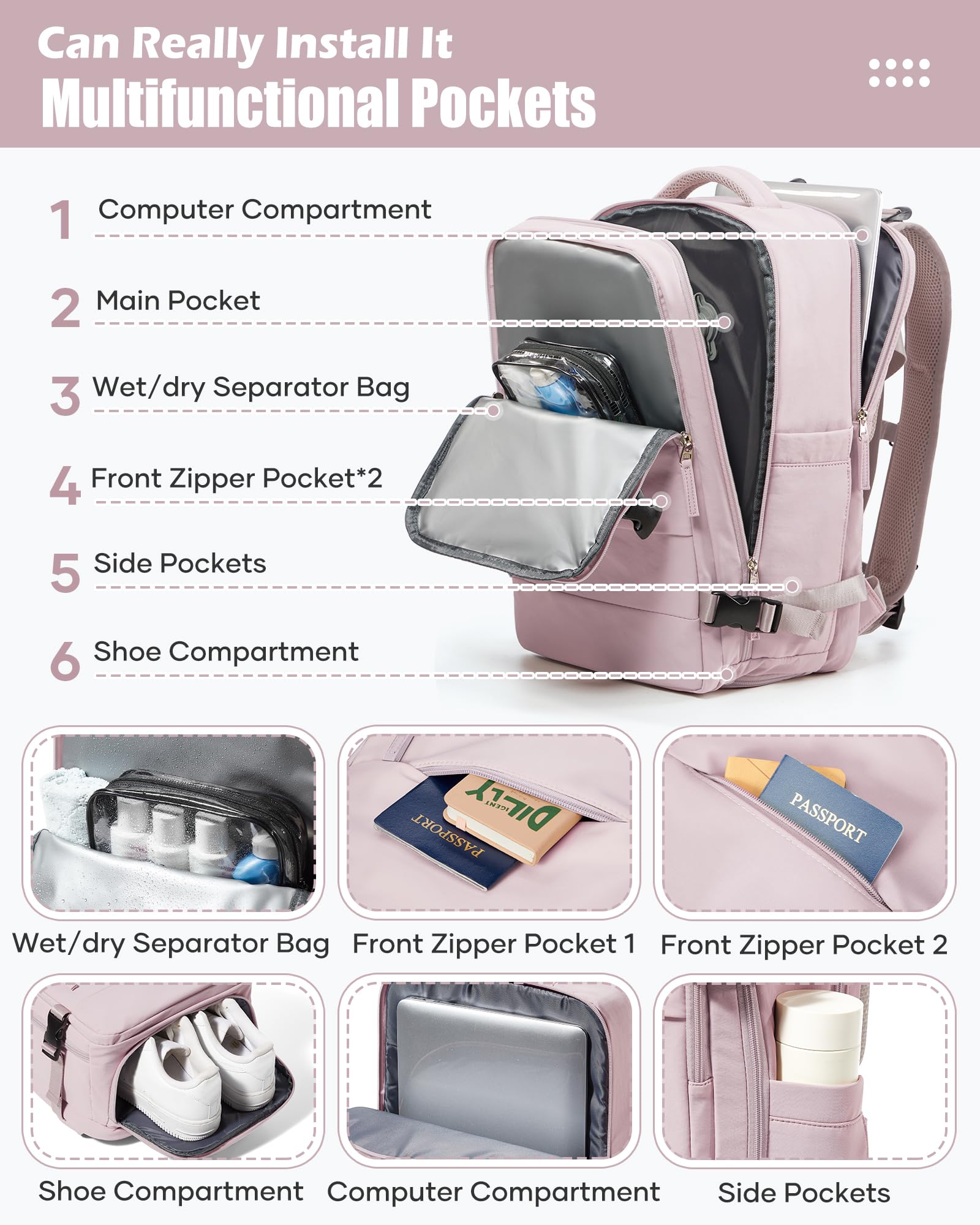 BJLFS Borse da Cabina per Ryanair 40x30x20 Zaino Wizzair Sottovuoto da viaggio 40x20x25 Bagaglio a Mano con compressione sottovuoto,Zaino Easyjet 45x36x20,Zaini Casual per laptop da 14 pollici