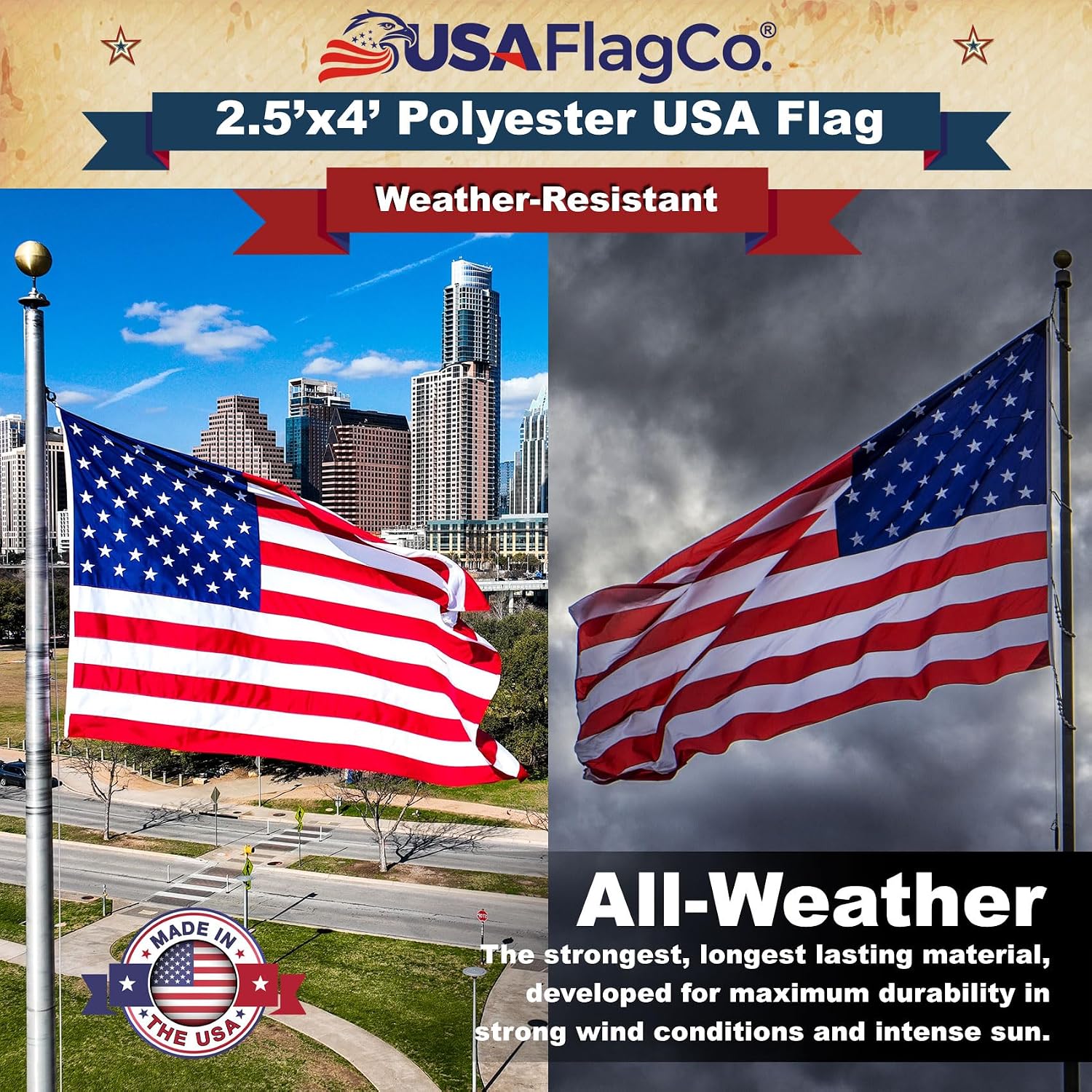 USA Flag Co. 2.5x4 Foot Polyester US Flag - Embroidered Stars and Sewn Stripes, Made in the USA