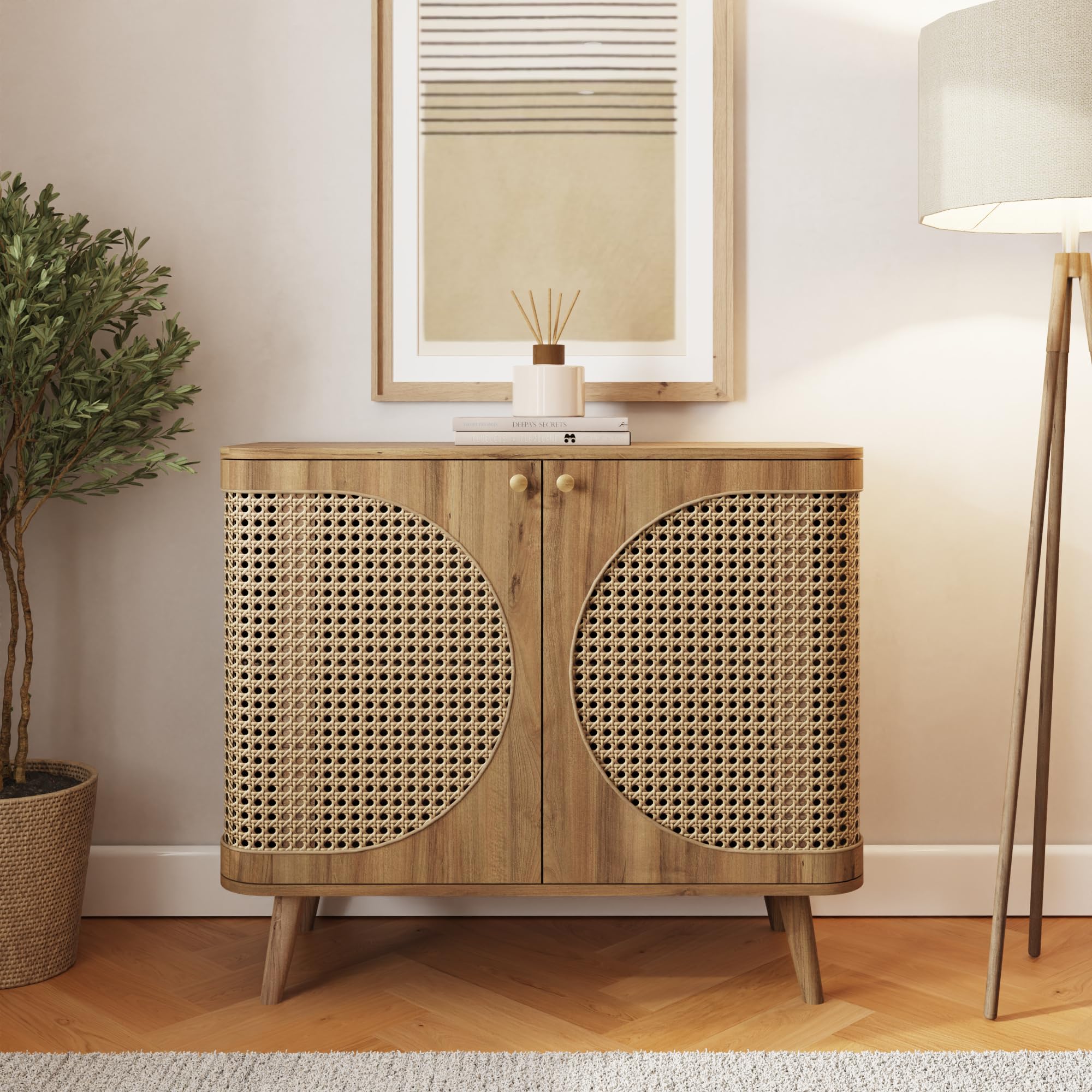 GFW Sorrell Rattan Compact Sideboard with Shelves, Oak Effect Storage Cabinet with Woven Rattan Doors
