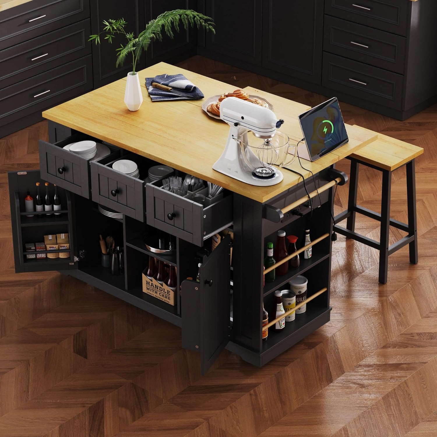 53“ Large Kitchen Island with Storage, Rolling Kitchen Cart on 5 Wheels with Power Outlet, Drop Leaf, Internal Storage Rack, Side Racks, and Drawers for Dining Room, (No Stools)