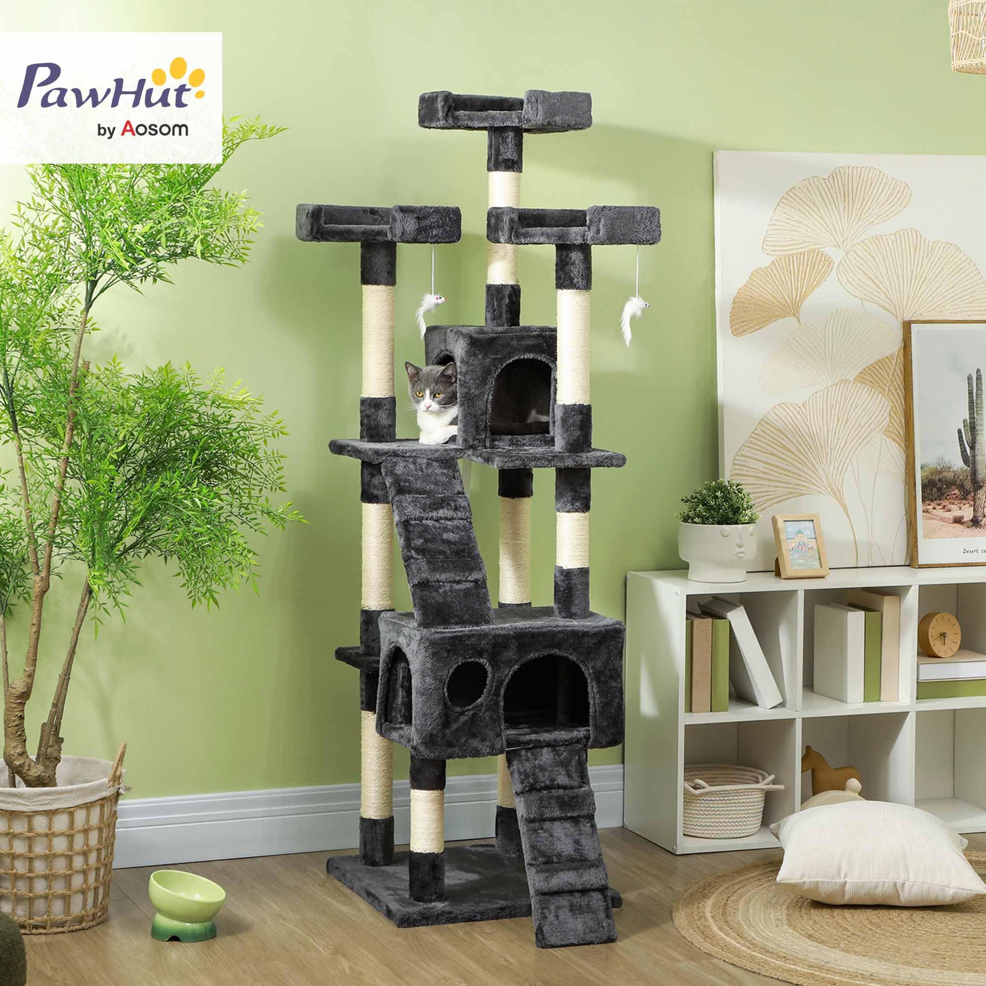 PawHut Albero Tiragraffi per Gatti con 3 Posatoi, 49x49x173 cm Grigio | 2 Casette e Giochi Appesi, Torre per Gatti, in Truciolato e Peluche