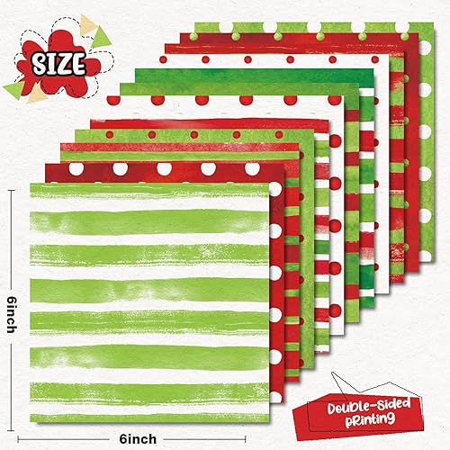 Miniatura 8 de Whaline 24 piezas de papel con patrón de acuarela de Navidad rojo y verde, papel especial a rayas de lunares, papel de manualidades de doble cara