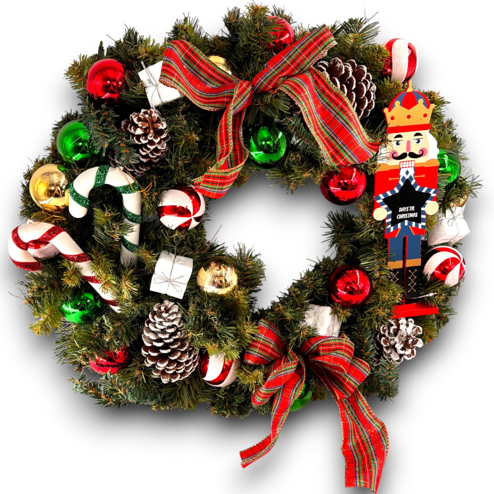 Ghirlanda Natalizia Decorata con Pigne, Candy Cane e Palline, Disponibile in Vari Design con Babbo Natale, Schiaccianoci – 3 Dimensioni: 40 cm, 60 cm, 80 cm (1, 60 Cm - Schiaccianoci)