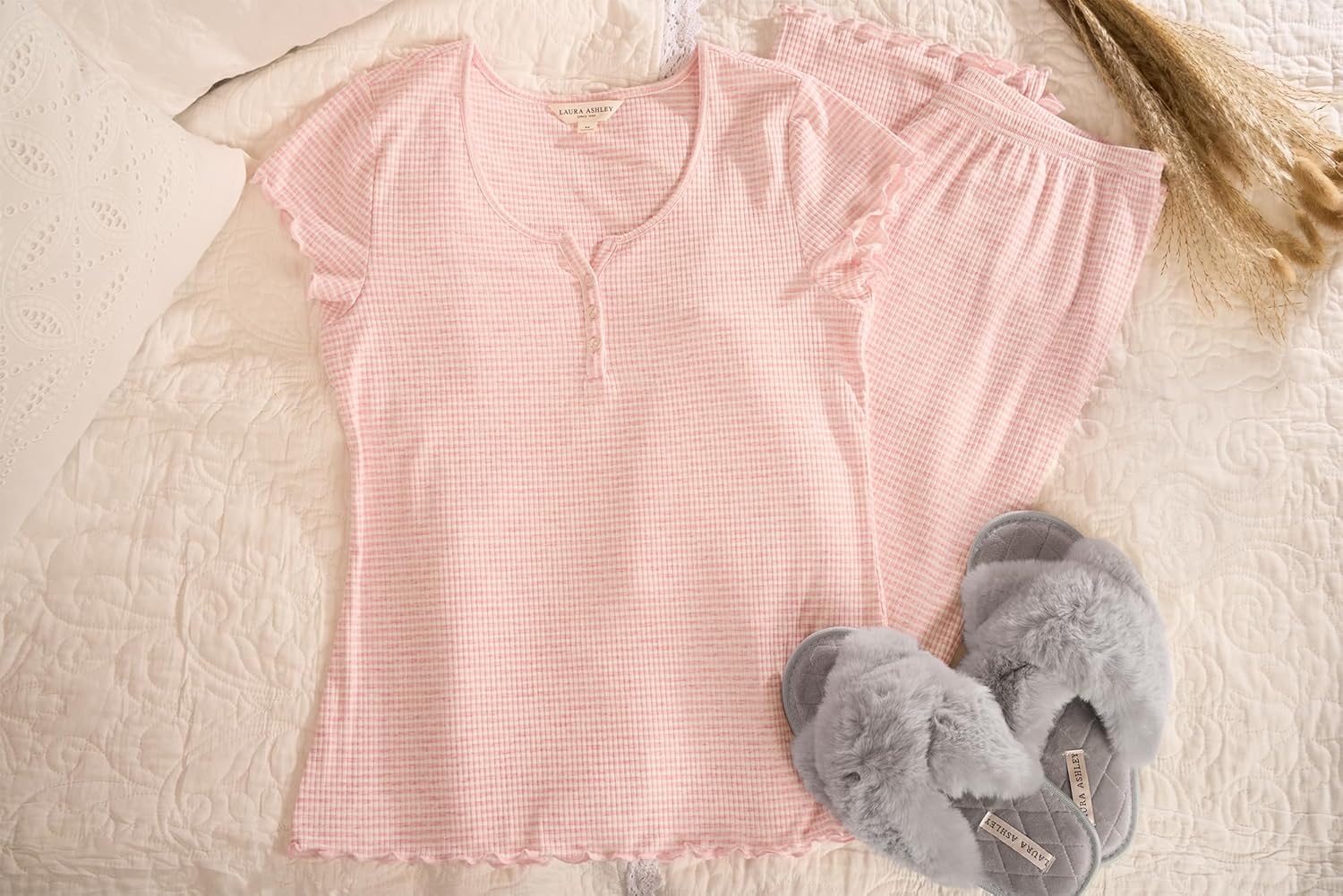 Laura Ashley Women's Pajamas 2 Piece Ribbed Knit Short Sleeve Henley Top and Pants PJ Set - Image 5