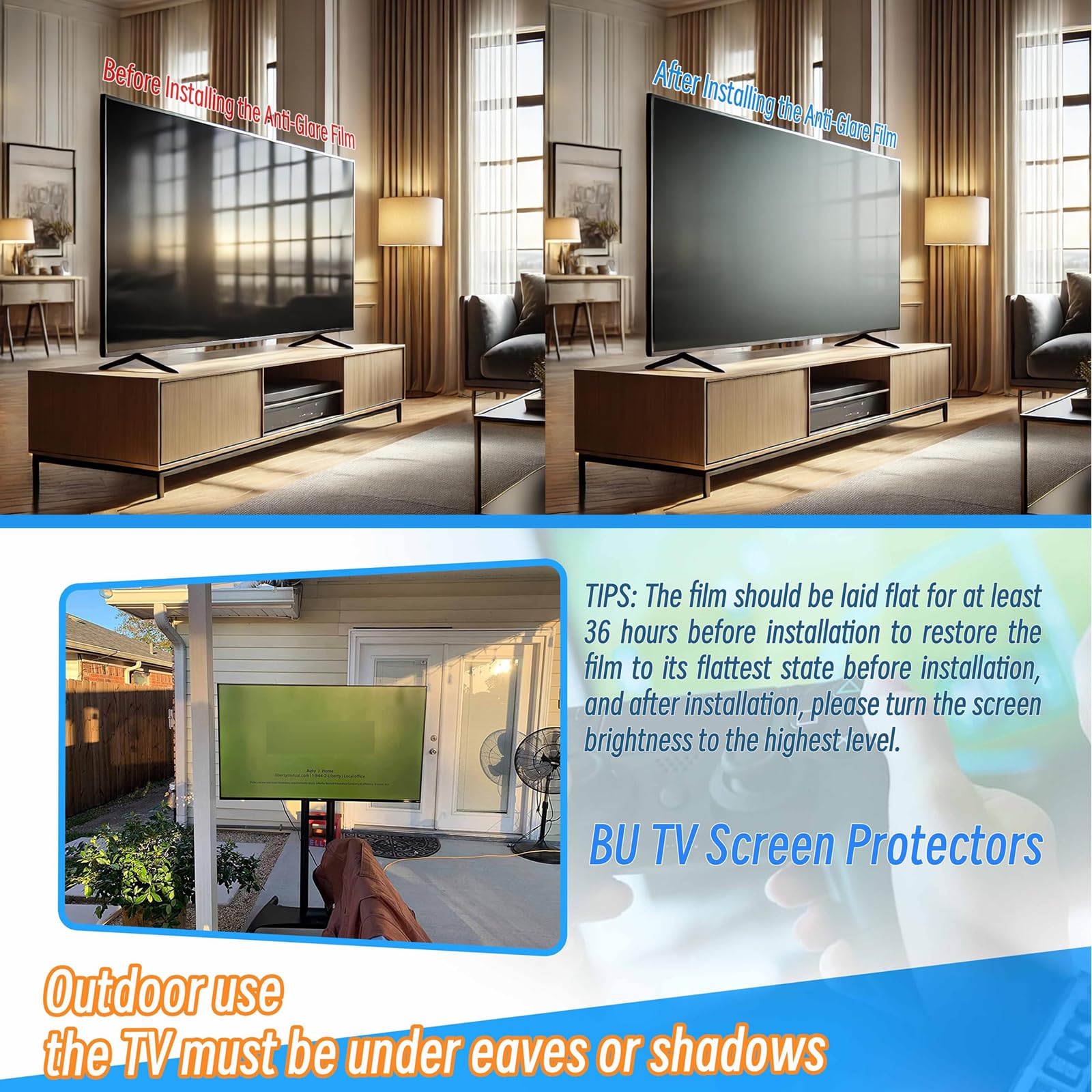 Lámina Protectora para televisor de 55 Pulgadas: antirreflejos, antirayaduras y Anti-luz Azul; protección Ocular contra los Rayos UV,55in(1221×689mm)