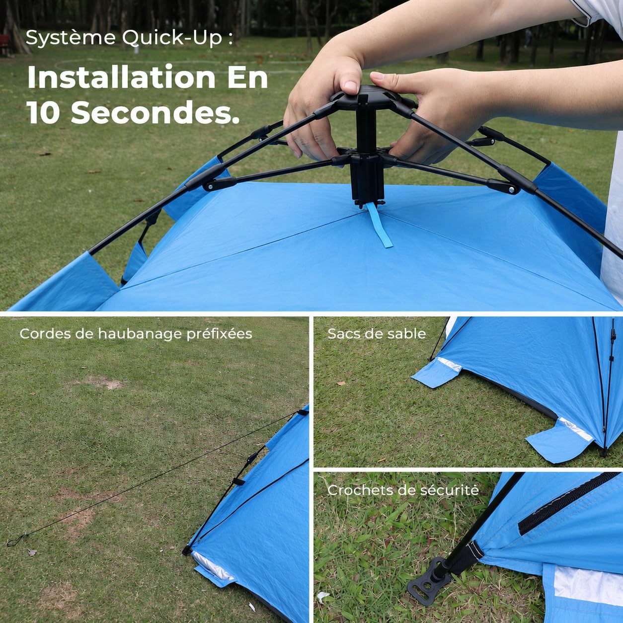 Abri de plage pop-up avec protection UV 50+, tente de plage automatique pour 2 à 3 personnes, abri de plage pop-up XXL avec tapis étendu, tente légère de protection contre le vent pour bébé et famille