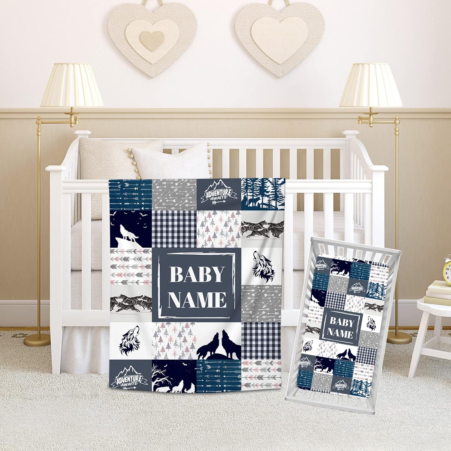 Personalized Baby Crib Bedding Sets for Baby Boys, Custom Wolf Pack Baby Girls Crib Bedding Set with Name, 2 Piece Nursery Baby Crib Bedding Sets, Name Crib Comforter, Crib Fitted Sheets for Babies