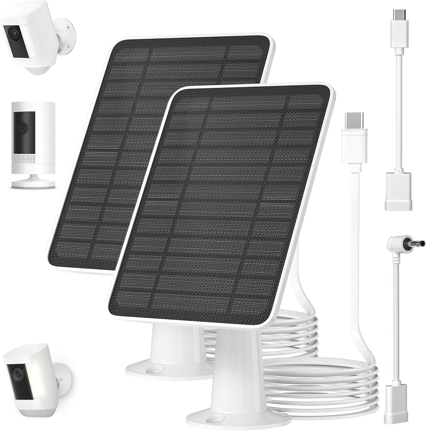 5w solar panel for ring camera, solar panel charger compatible with ring spotlight plus/pro stick up outdoor cam battery, 10ft cable with usb-c to barrel plug adapter & micro-usb adapter, 2 pack for ring-2 pack