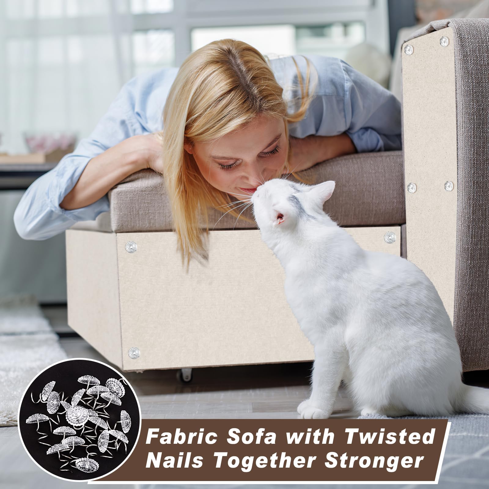 300cm x 40cm Alfombra Rascador Gatos, Tapete Rascador Gatos Autoadhesivo, DIY Recortable Protector Sofa Gatos con 20 Tornillos para Proteger Sofá Muebles Pared (Blanco Roto)