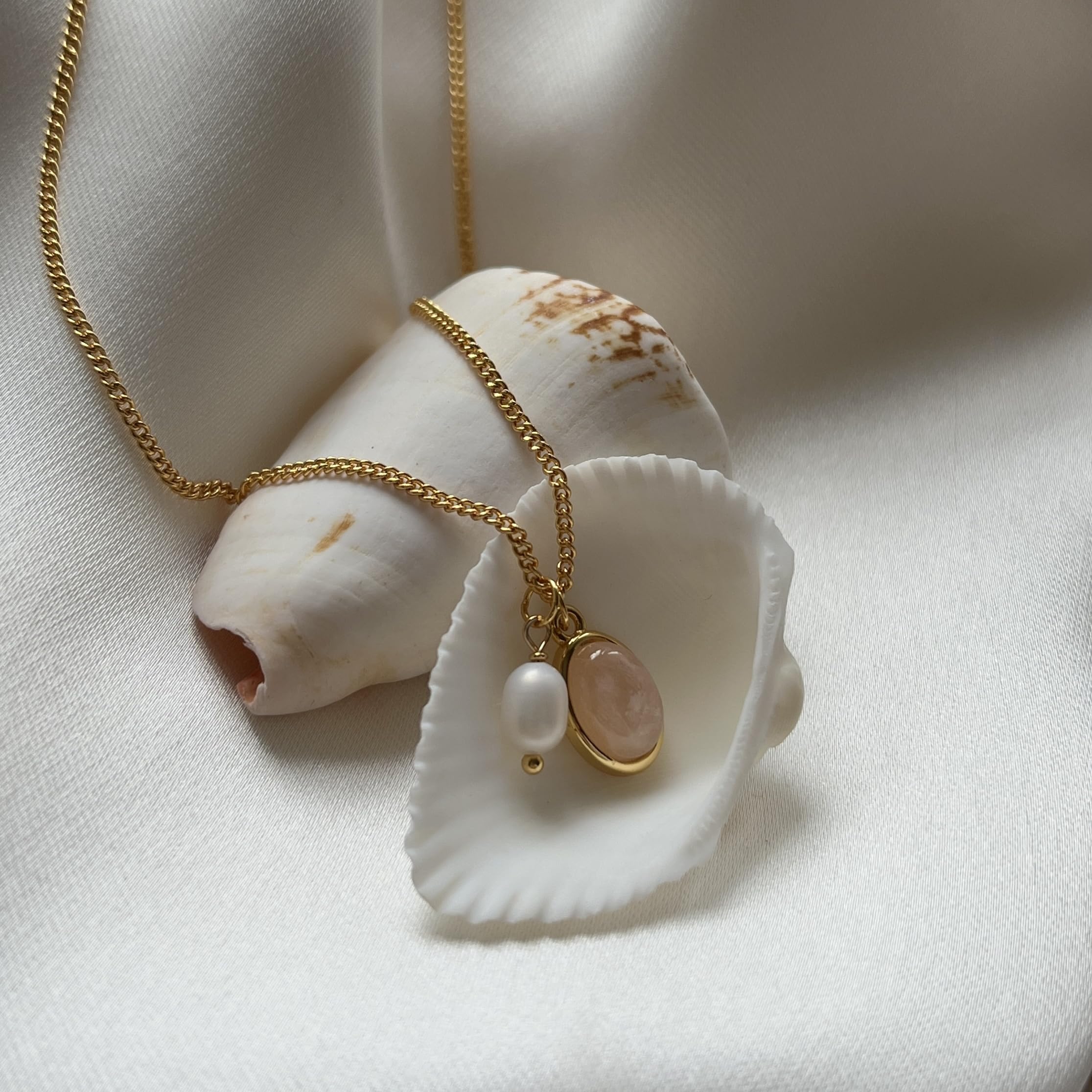 Brandlinger ® Halskette Damen Silber 925. Rosenquarz & Süßwasserperle 10mm. Kette Damen silber mit 18 Karat Gelb- oder Weißgold, Schmuck für Frauen und Mädchen. Kettenlänge verstellbar 45-50cm.