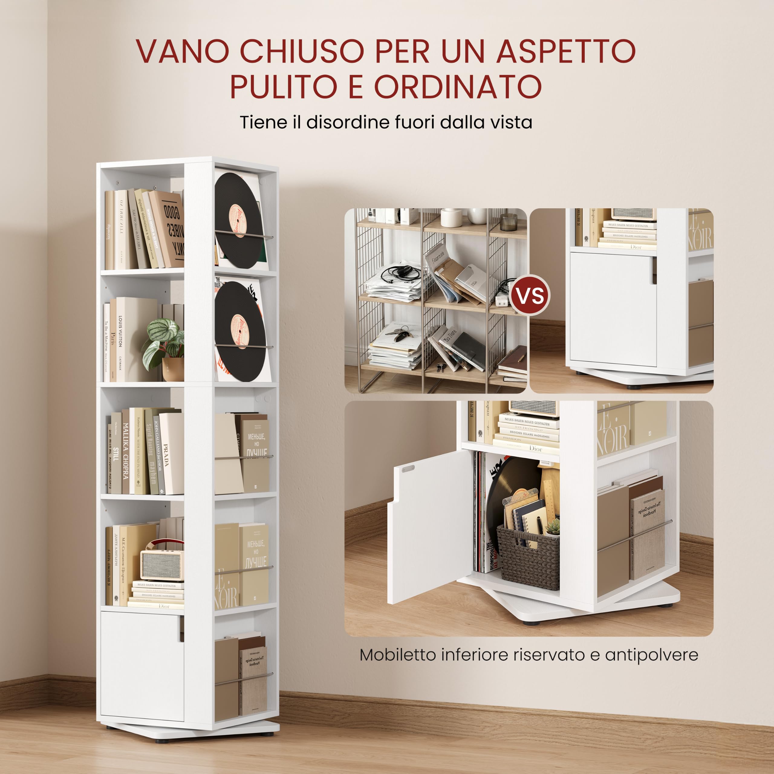Yaheetech Libreria Girevole 360°, Scaffale Angolare a 5 Ripiani 42×42×169 cm, Libreria a Torre Grande Capacità con Ripiani Regolabili, Salvaspazio per Soggiorno, Camera da Letto, Studio (Bianco)