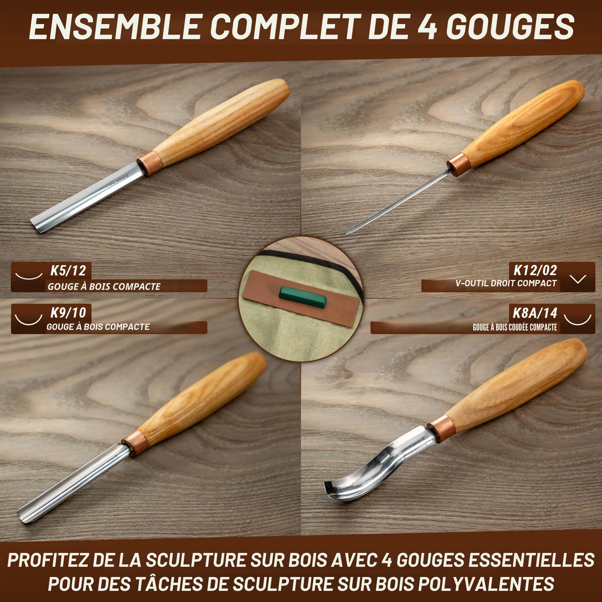 BeaverCraft Kit Gouges Sculpture Bois SC01 – Set Ciseaux Cuillère – Outils Bois avec Gouges Radiales, Ciseau Plat, Gouge Coudée, Cuir d’Affûtage & Étui Roulant