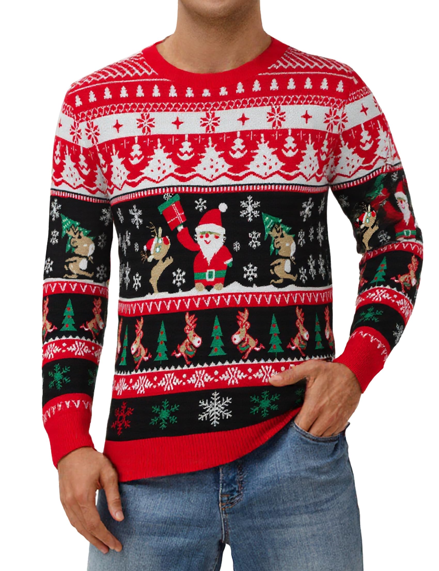 Pull de Noël pour homme - Pull de Noël amusant - Col rond - Pull en tricot avec flocon de neige - Pour fête de Noël