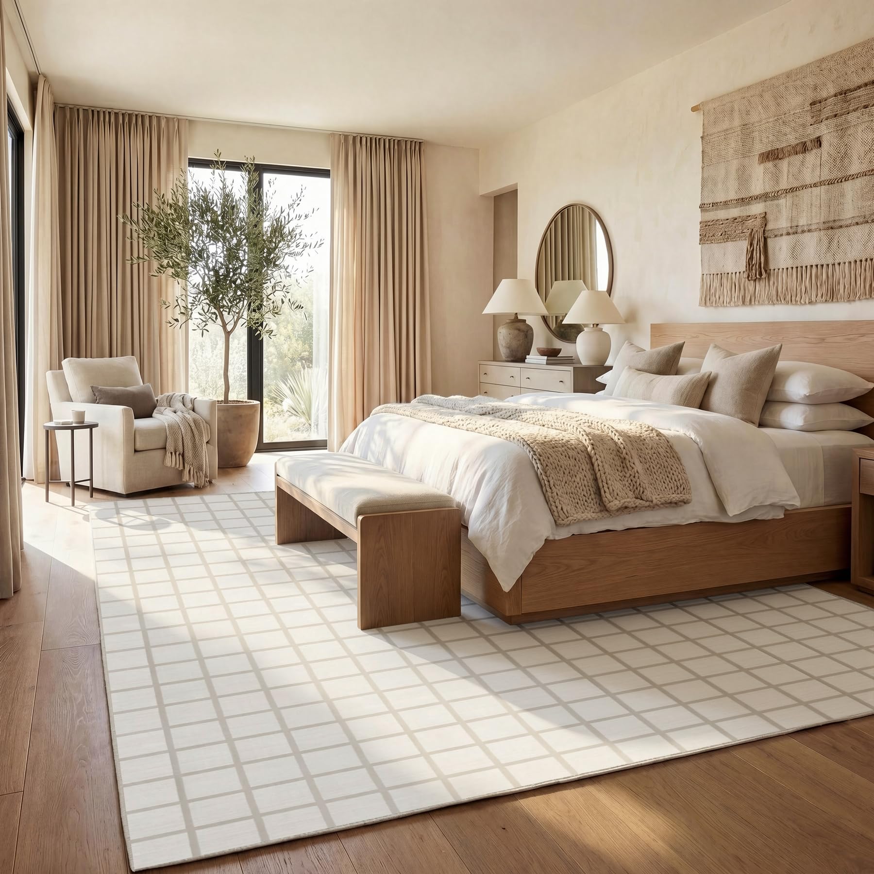Tribesigns Tapis à Carreaux Modernes et Poils Courts, 200 x 300 cm, Lavable, antidérapant et Doux, idéal pour Le Salon, la Salle à Manger et Les Grands espaces de Vie Certifié Oeko-Tex, Beige