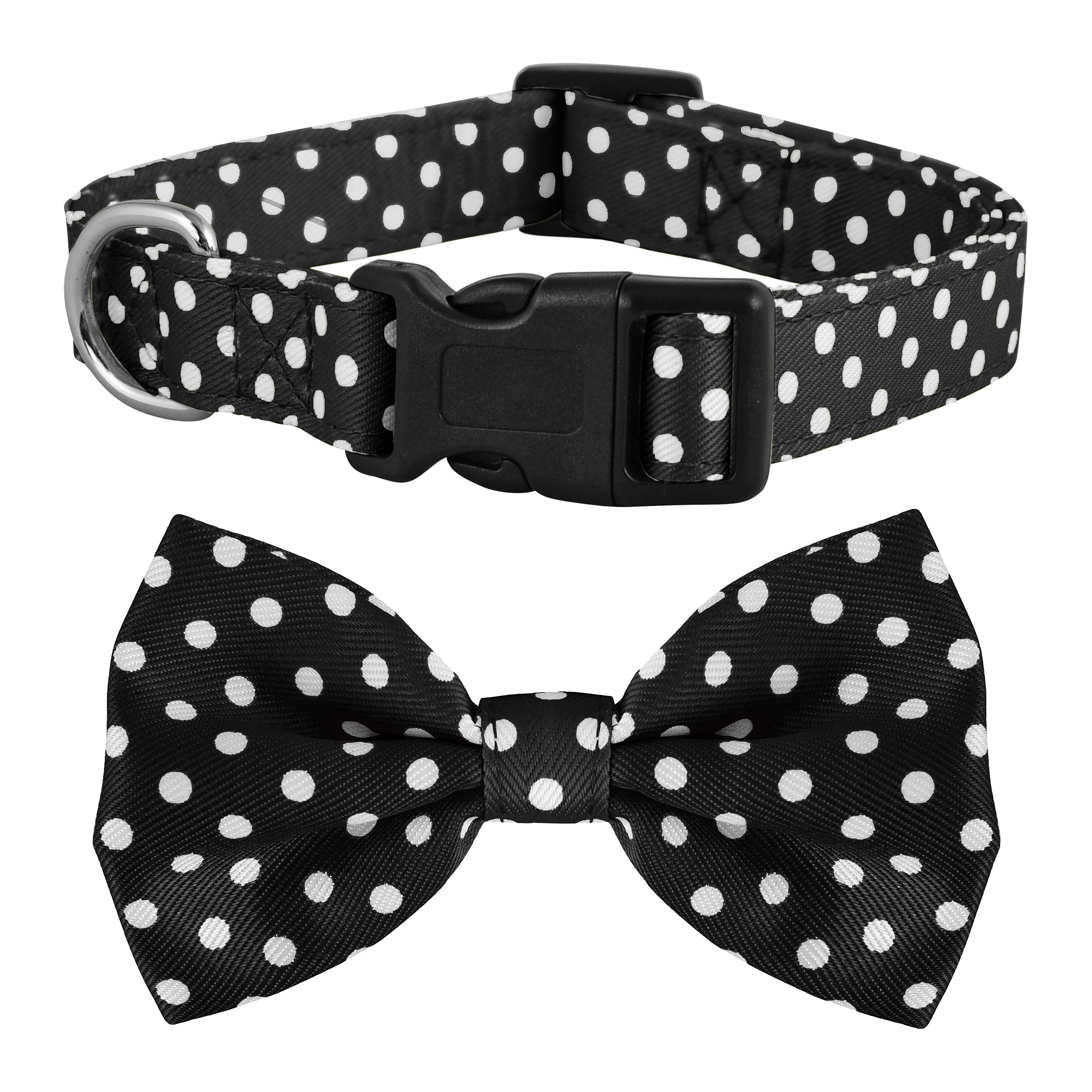Dog Collar with Bow Tie, Premium Cute Bowtie Nylon Polka Dot, Christmas, American Flag, Halloween for Girl or Boy, Adjustable (Medium, Black Polka)