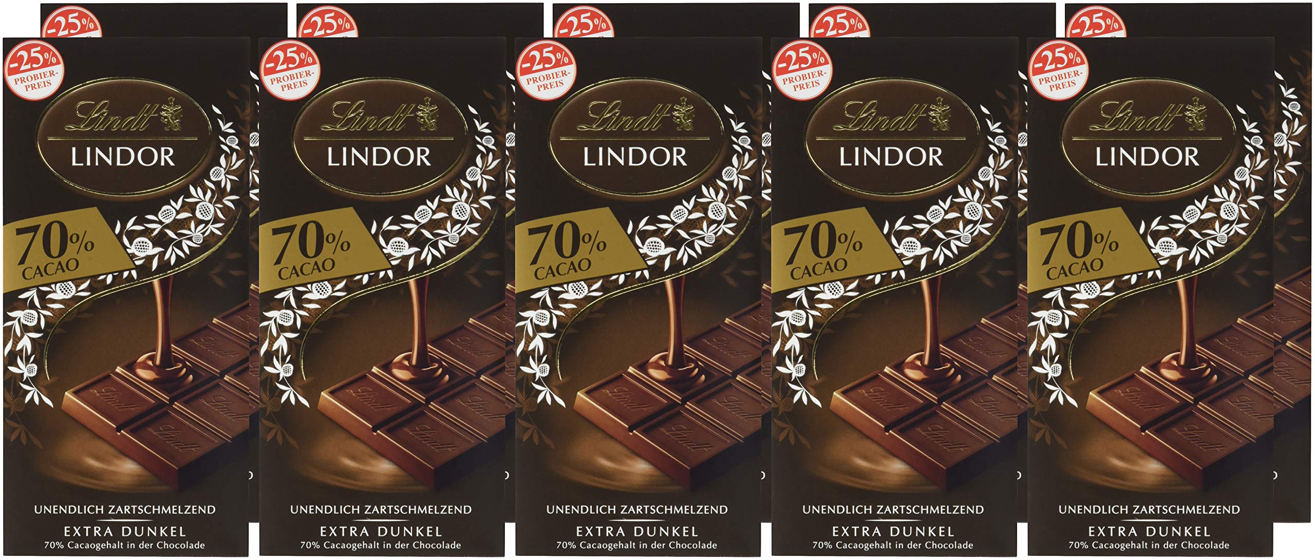 Lindt Schokolade LINDOR 70 % Kakao, Promotion | 10 x 100 g Tafel | Edelbitter-Schokolade mit einer unendlich zartschmelzenden Füllung | Schokoladentafel | Schokoladengeschenk