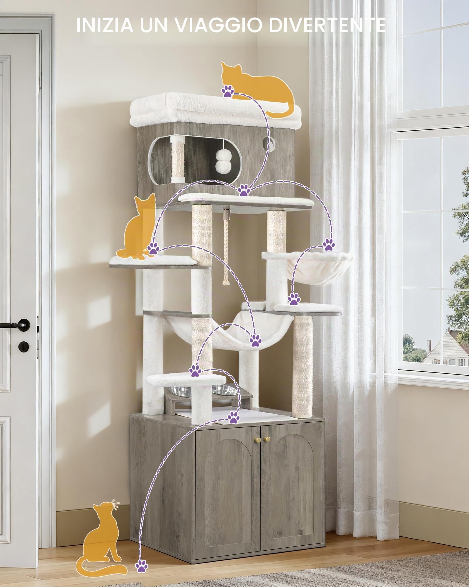 Hzuaneri Mobile Lettiera per Gatti, 176 cm Bianco Marrone Albero Tiragraffi