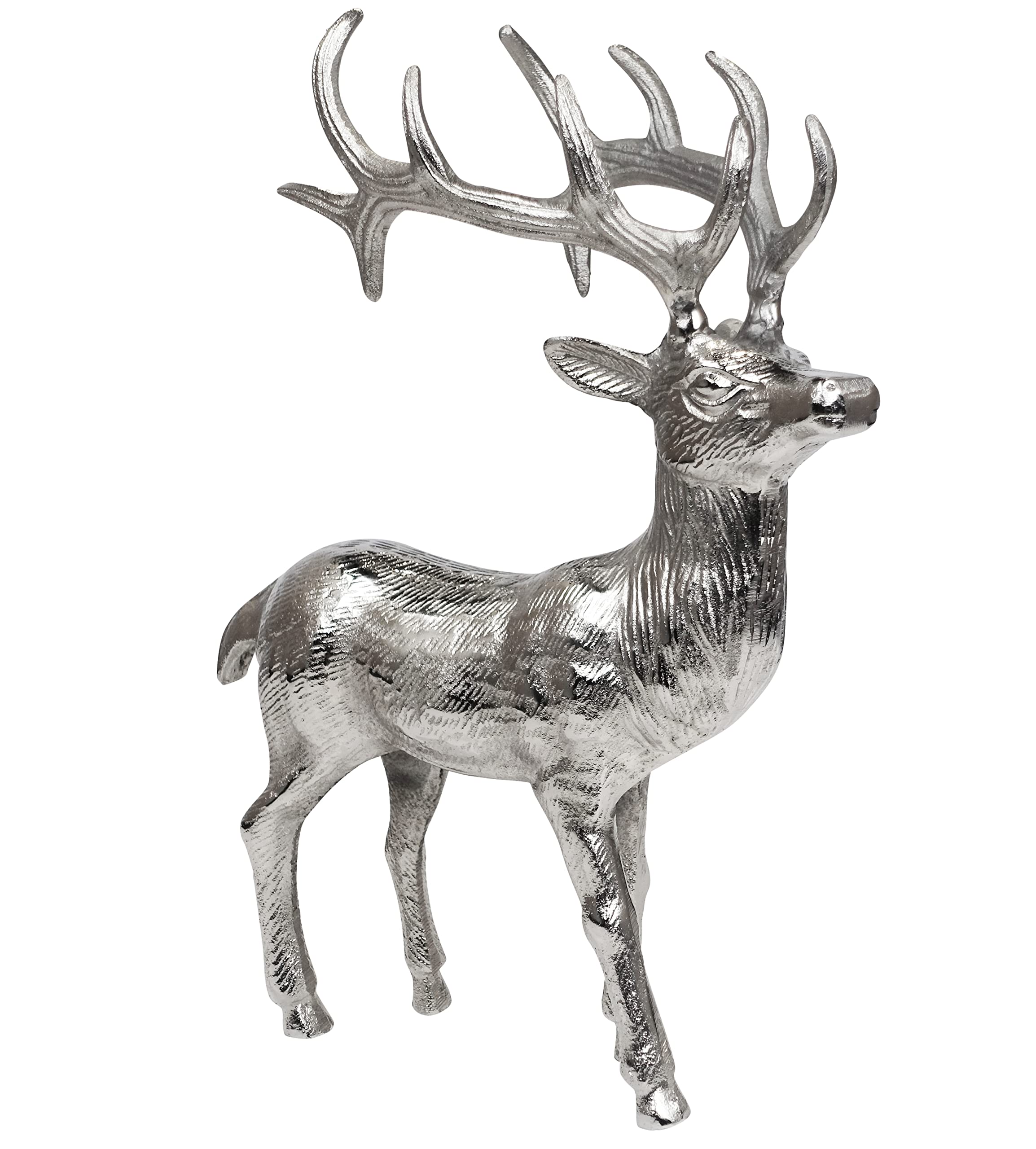 MichaelNoll Hirsch Dekoration - Stehend - Rentier Aluminium Metall Silber - Figur Statue Dekofigur - Deko für Wohnzimmer, Küche, Schlafzimmer - Weihnachten Winter - Hirschgeweih Dekoration XL 37 cm