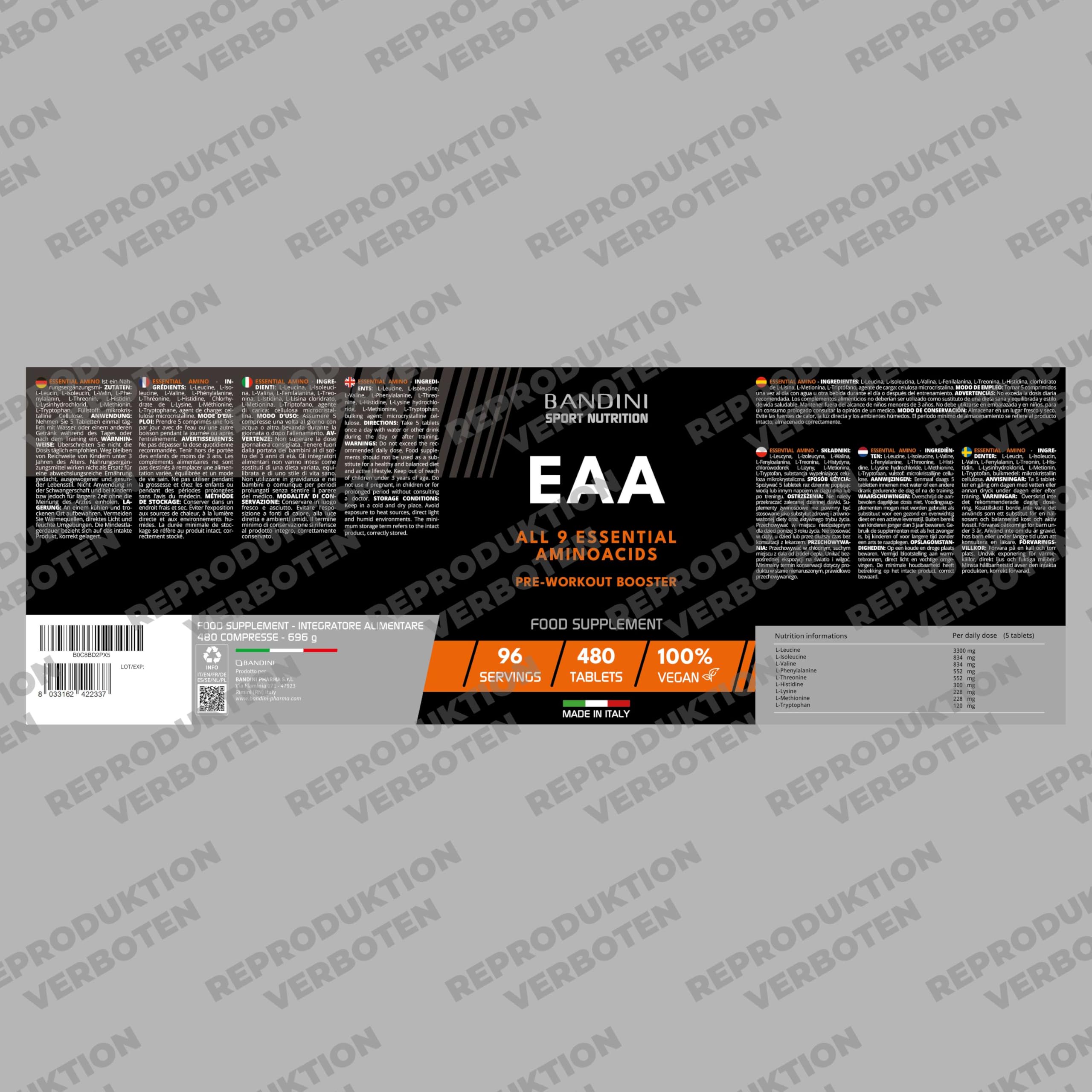 Bandini® EAA Aminosäuren Komplex | 480 vegane Amino Tabletten mit 9 verschiedenen Aminosäuren | Essential Amino Pre Post Workout aus pflanzlicher Fermentation | Hochdosiert, laborgeprüft, GVO-frei