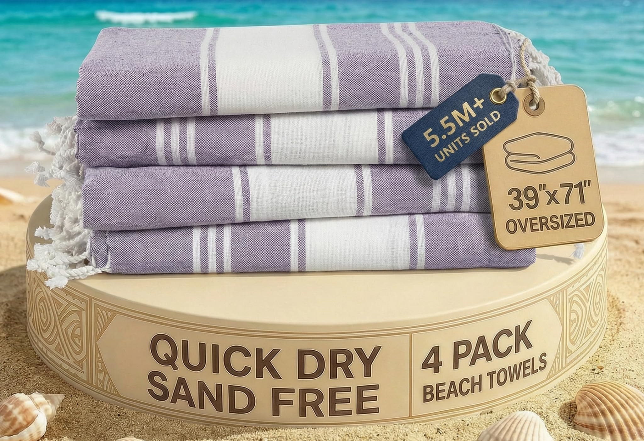 LANE LINEN Beach Towels 4 Pack Oversized - Cotton Rich Turkish Towel Set, Pre-Washed Oversized Beach Towel, Quick Dry Beach Towels For Travel, Large Pool Towels, 39"x71" - Day Break