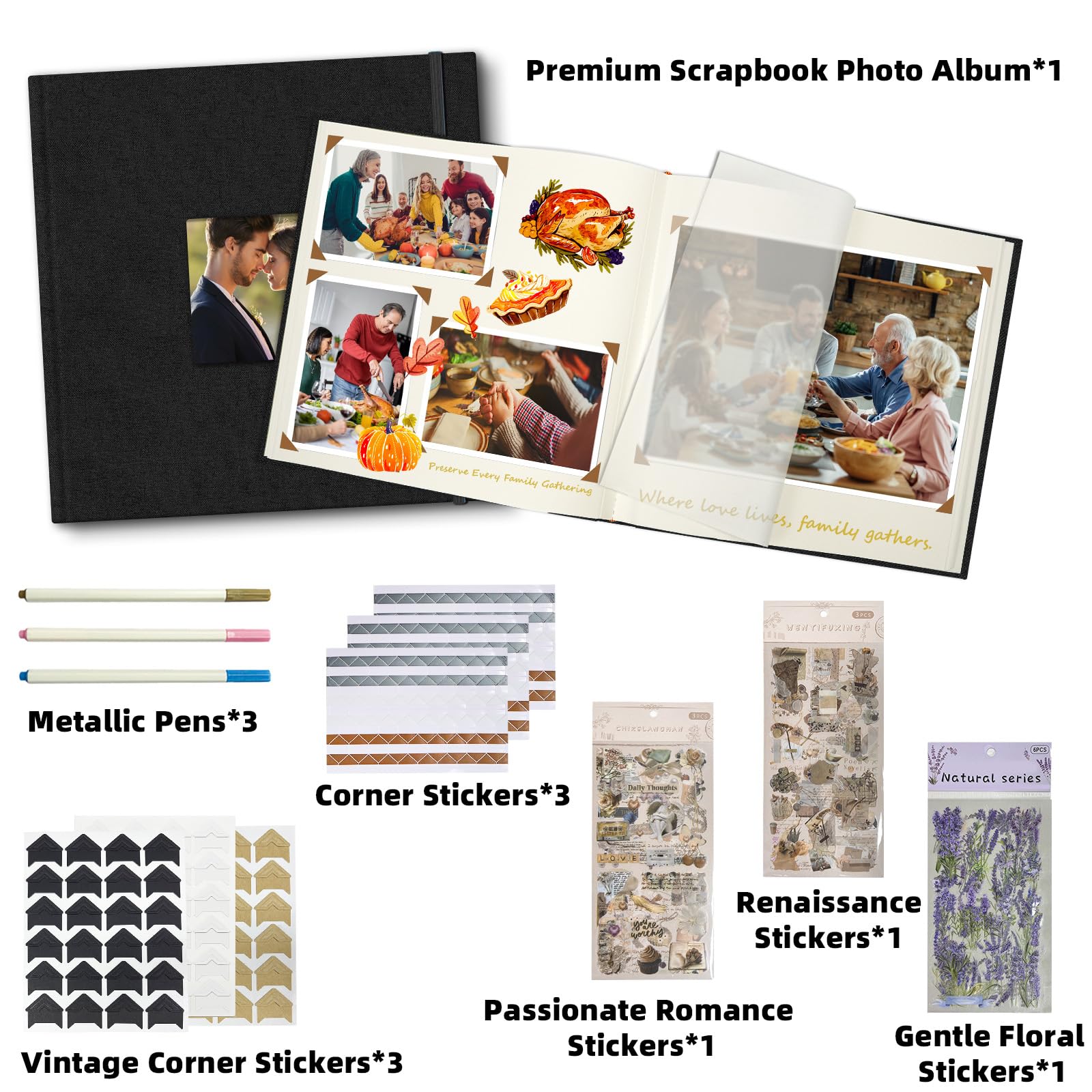 Vienrose Album Fotografico 30x30 cm con Spazi per Scritte, Scrapbook Album Personalizzabile Fai da Te per Matrimonio, Nascita, Famiglia, Battesimo, Compleanni, Ricordo, Regalo (100 Pagine, Nero)