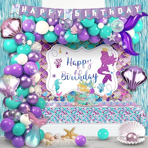 113 piezas de decoración de fiesta de cumpleaños de sirena, telón de fondo de sirena de Fiesec con globos, guirnalda de arco, pancarta recortada,