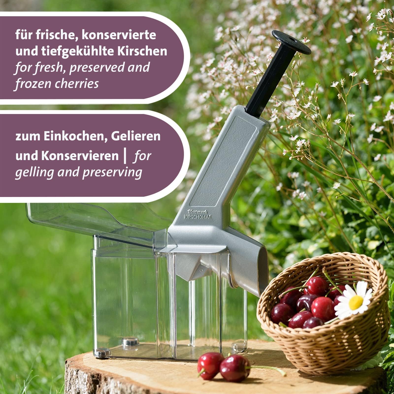 Westmark Kirschenentkerner/-entsteiner mit schräggestellter Schütte und großer Kernkassette, Kunststoff/Edelstahl/Aluminium, Kirschomat, Silber/Schwarz/Transparent, 40702260