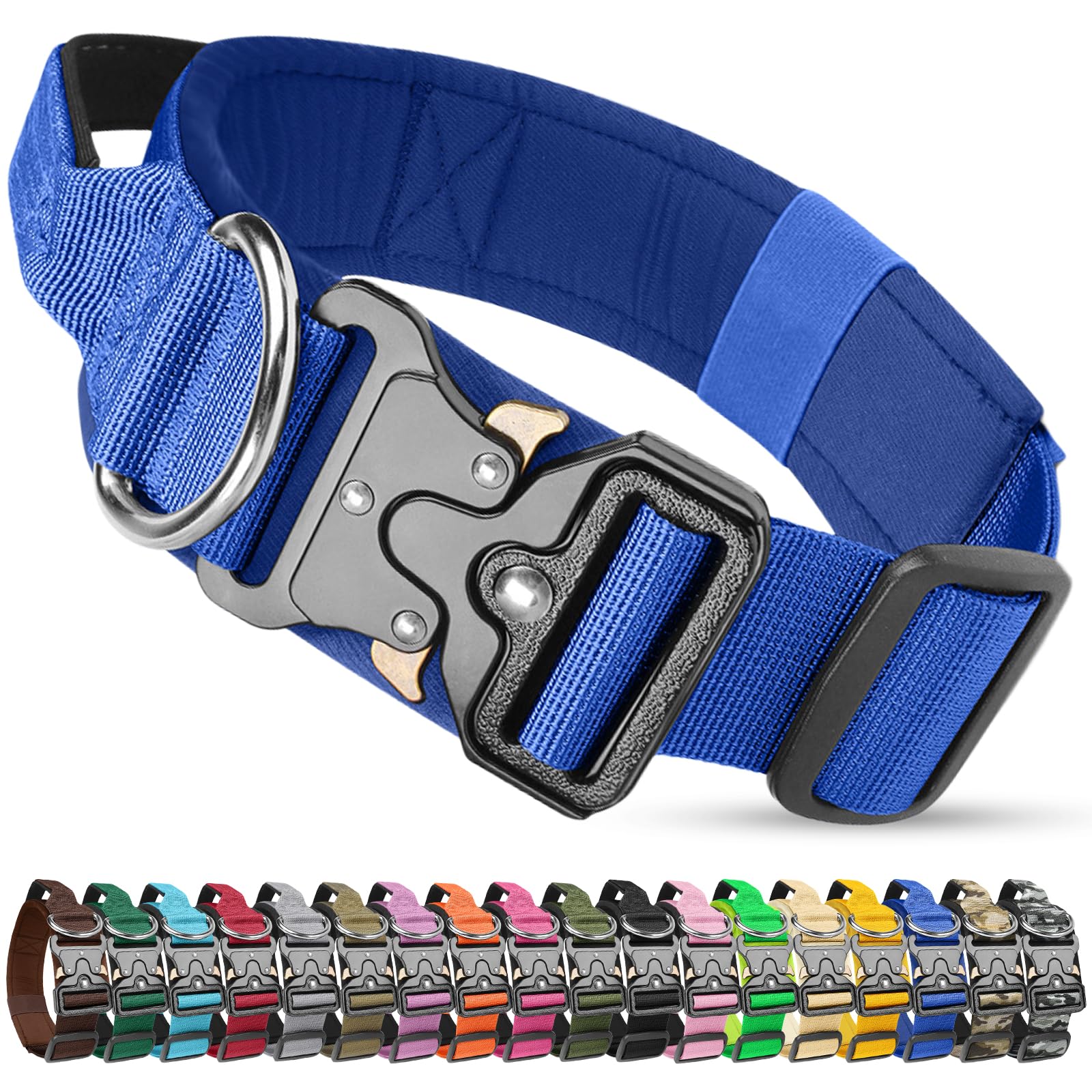 Olcyren Tactical Dog Collar, Military Nylon Adjustable Dog Collar with Handle, Heavy Duty Wide Thick Pet Collars with Quick Release Metal Buckle for Medium Large Dogs Training (Royal Blue, M)