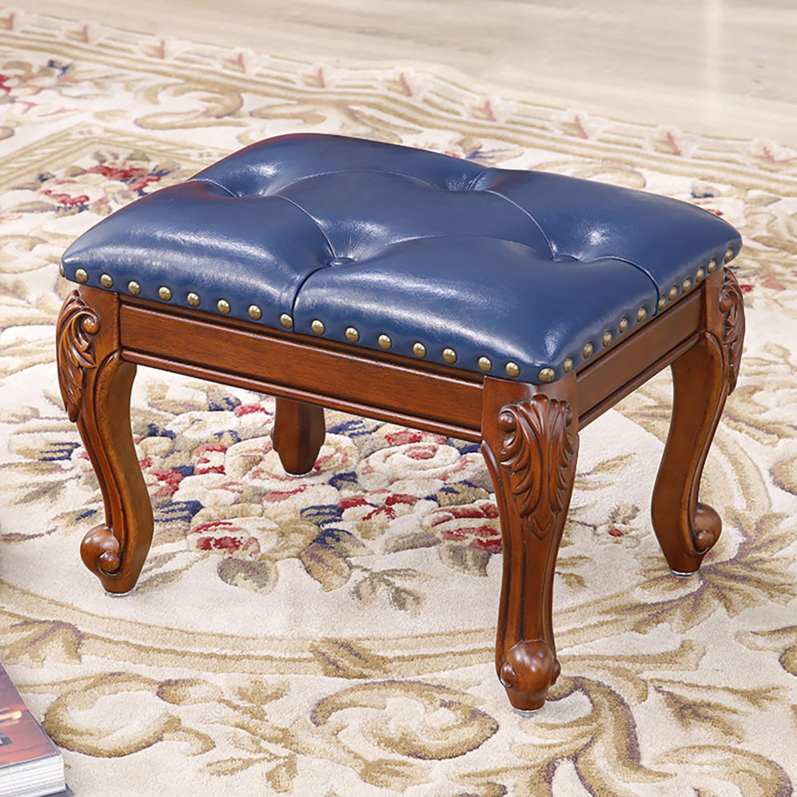 Mescxty B Leather Foot Stool Ottoman,Vintage Carved Upholstered Low Shoe Changing Rest Stool,Wooden Footstool For Couch/Living Room/Sofa,
