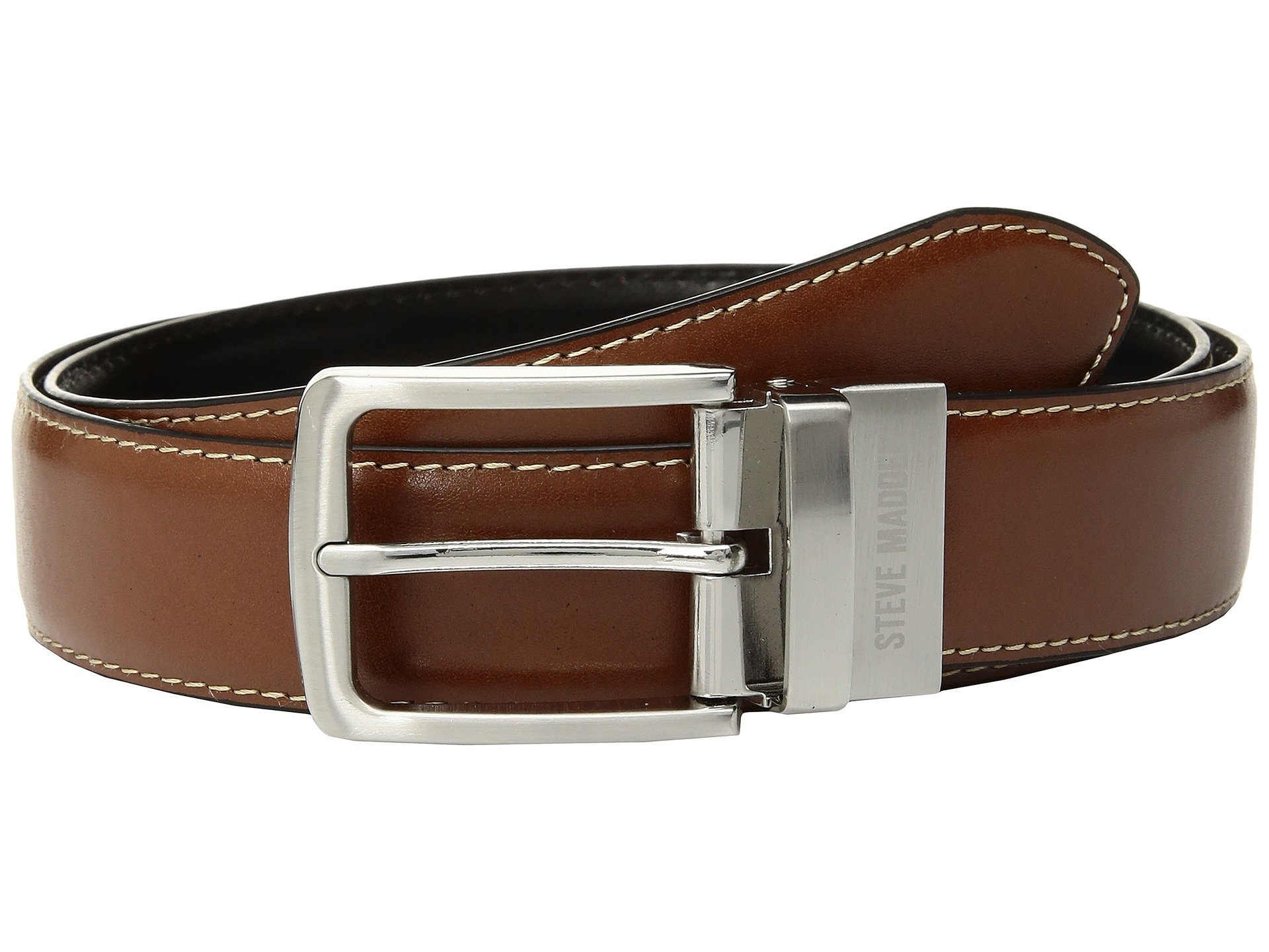 Steve Madden Men's Reversible Dress Casual Every Day Leather Belt, Cognac/Black (Feather Edge), 32