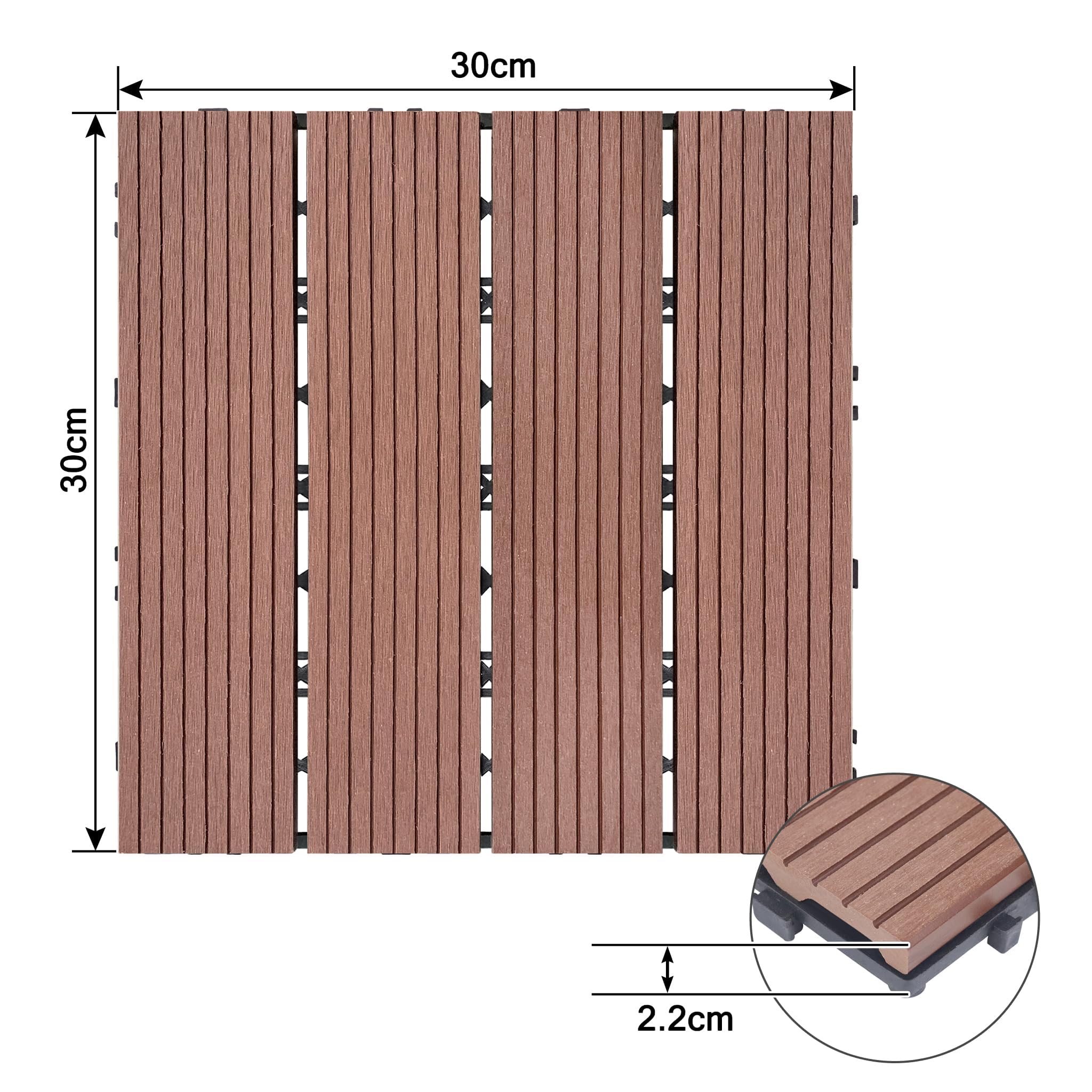 ACXIN WPC Baldosas de terraza, baldosas de plástico con aspecto de madera, azulejos de terraza, azulejos de balcón, se pueden cortar, para jardín/balcón/terraza (33, marrón rojo, 30 x 30)