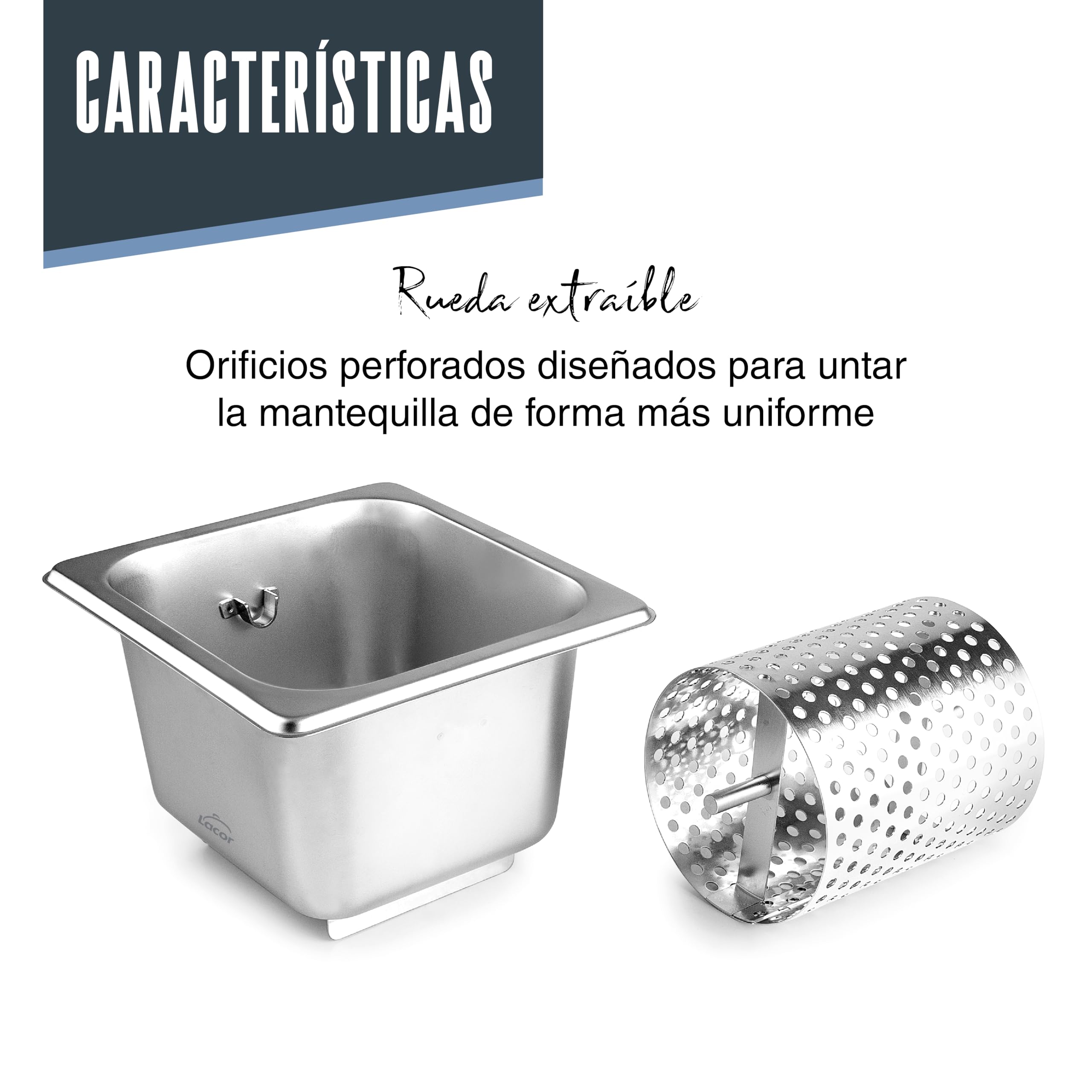 Lacor - 66001 - Rodillo de Mantequilla, Acero Inoxidable, Cubeta GN 1/6 de 1,6 Litros, Rueda Extraíble, Diseño Ergonómico, Ideal Para Untar en Pan o Hamburguesas
