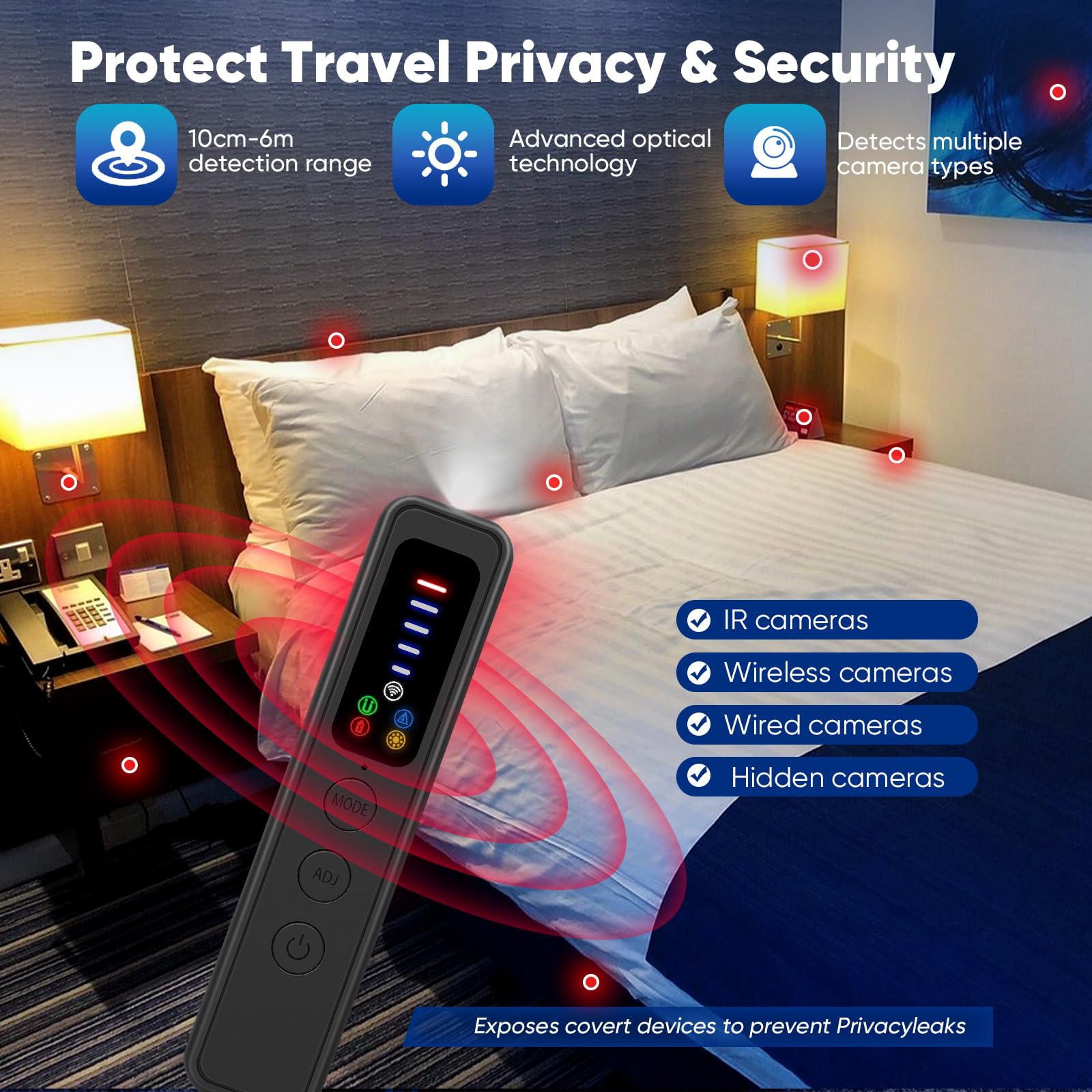 Détecteur de Caméra et Micro Espion, Détecteur de Caméra Cachée avec Détection RF et Champ Magnétique pour Hôtel, Bureau, Voiture, Voyage, Protection de la Vie Privée et Sécurité