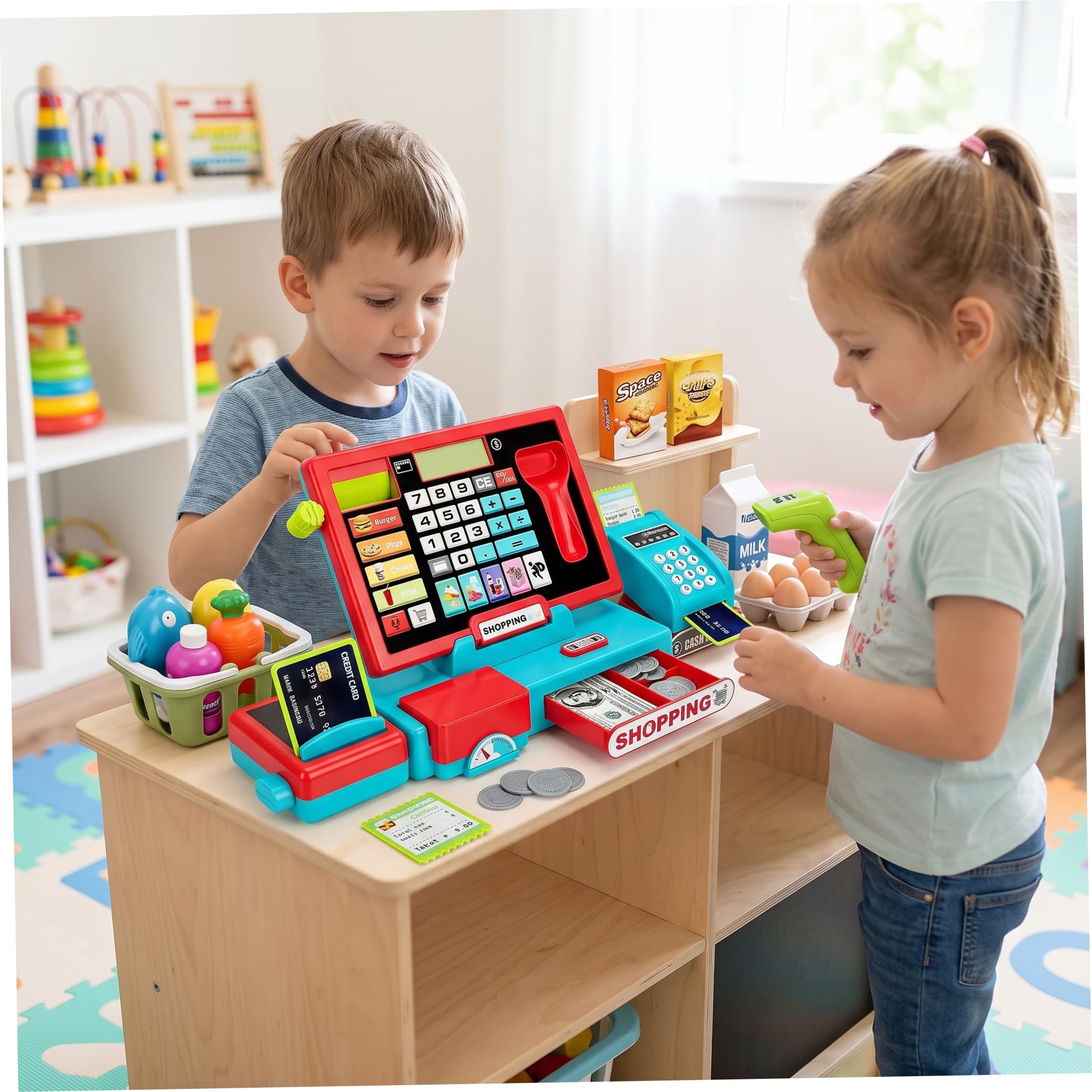 Registratore di cassa per bambini con scanner Calcolatrice reale Negozio Giocattolo per bambini Blu