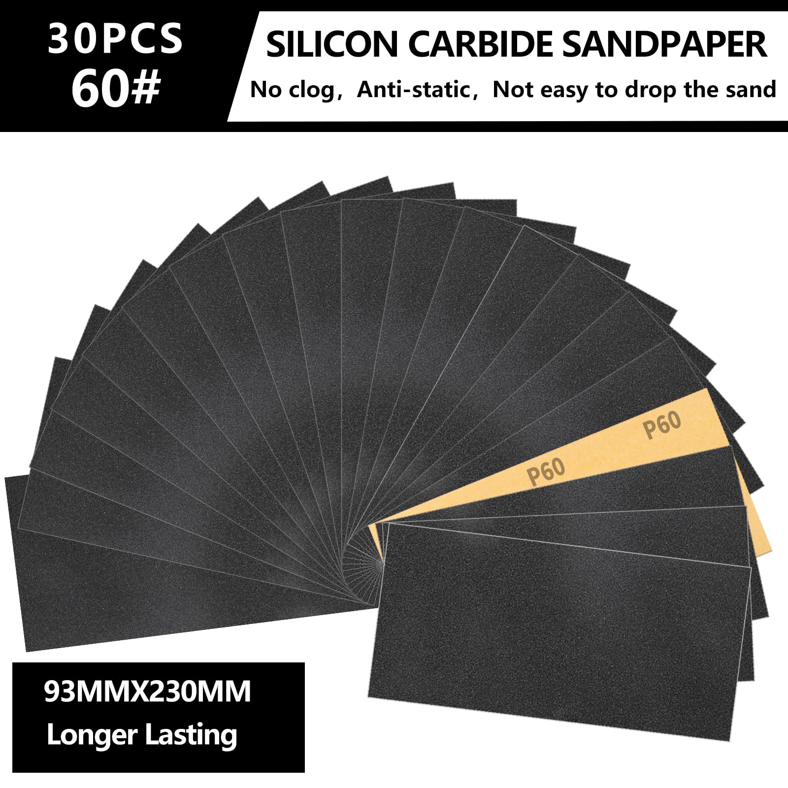 Sruhrak 30 Pieces Sandpaper 9.3 x 23 cm Waterproof Sanding Paper 60 Grits Sanding Sheets Set for Wood Metal Automotive Plastic Surface Preparation - Image 3
