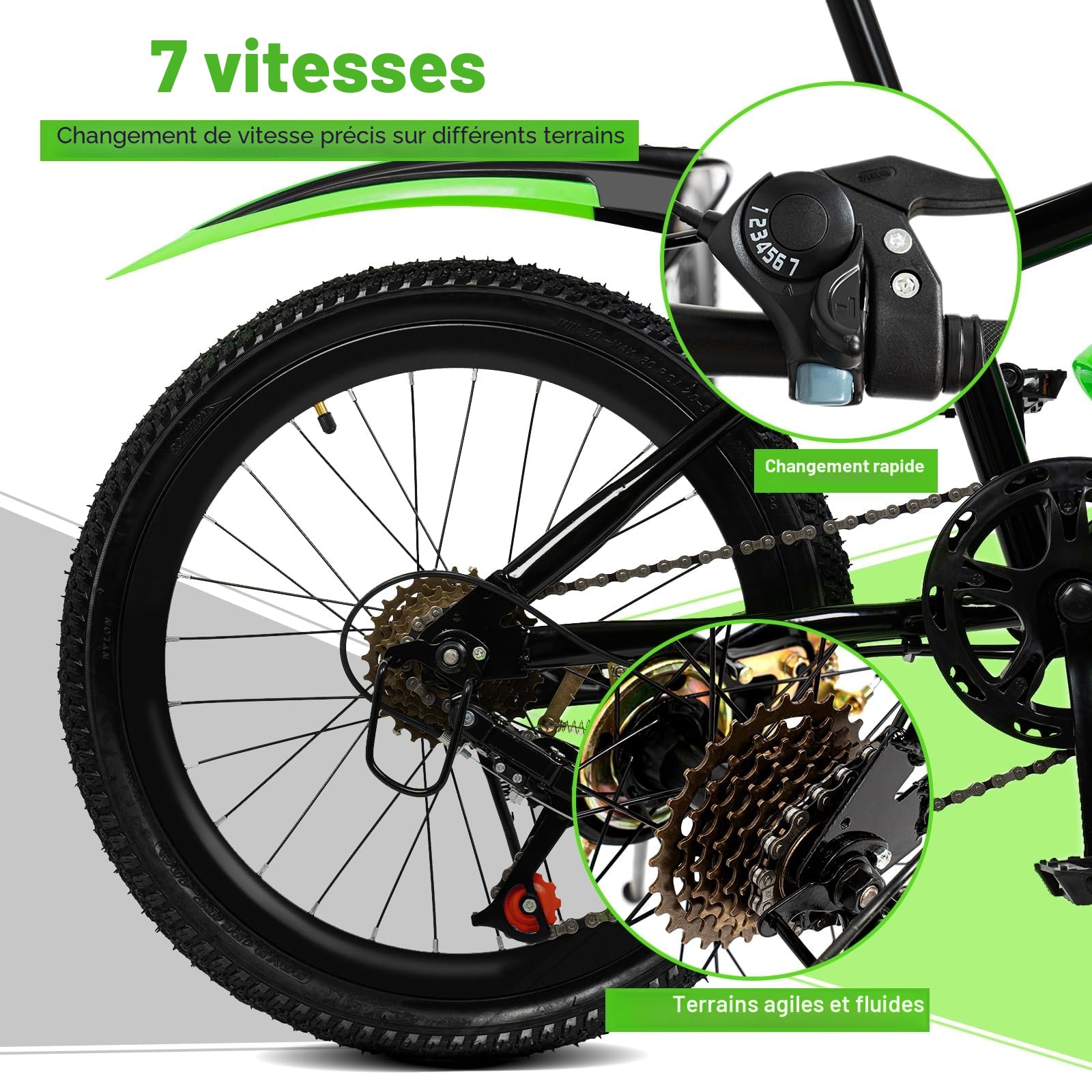 VTT 20" pour garçons et filles | Vélo enfant amélioré avec 7 vitesses | Hauteur réglable - Vélo enfant de 8 à 13 ans | Charge maximale 85 kg | Prémonté à 85 %