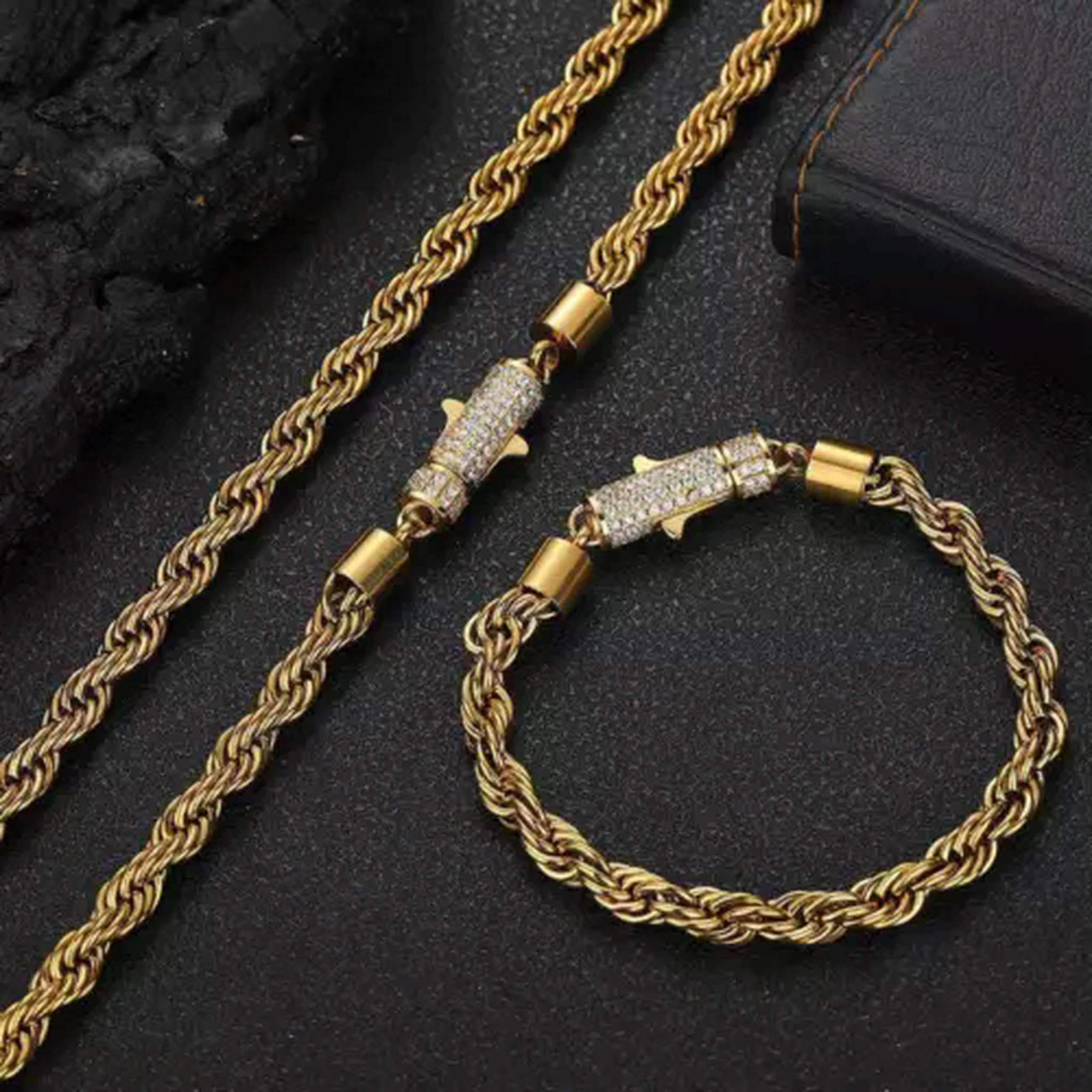 Hot 18K Gold Edelstahl Seil Kette Herren Halskette Armband