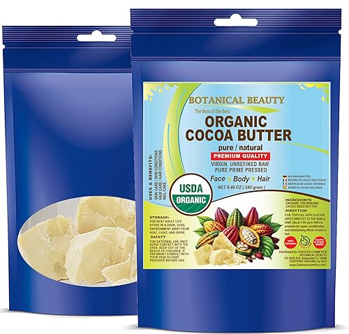 Botanical Beauty MANTECA DE CACAO BIO CRECIMIENTO SALVAJE VIRGEN CRUDO SIN REFINAR de BRASIL para rostro, piel, cabello, cuerpo, uñas 8.46 oz 8.47