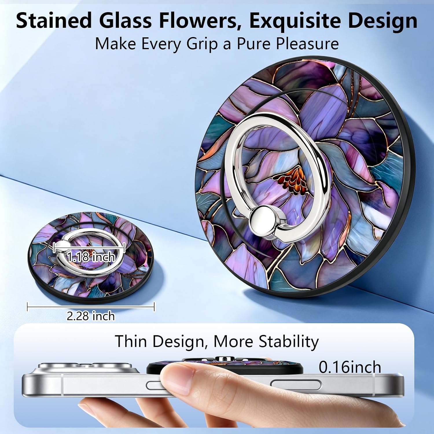 Magnetic Phone Ring Holder for MagSafe, 360° Rotation Super Magnet Finger Grip Removable Kickstand, Cute Stained Glass Floral Designed Stand for iPhone 17 16 15 14 13 18 Pro Max Plus, Lotus image 5