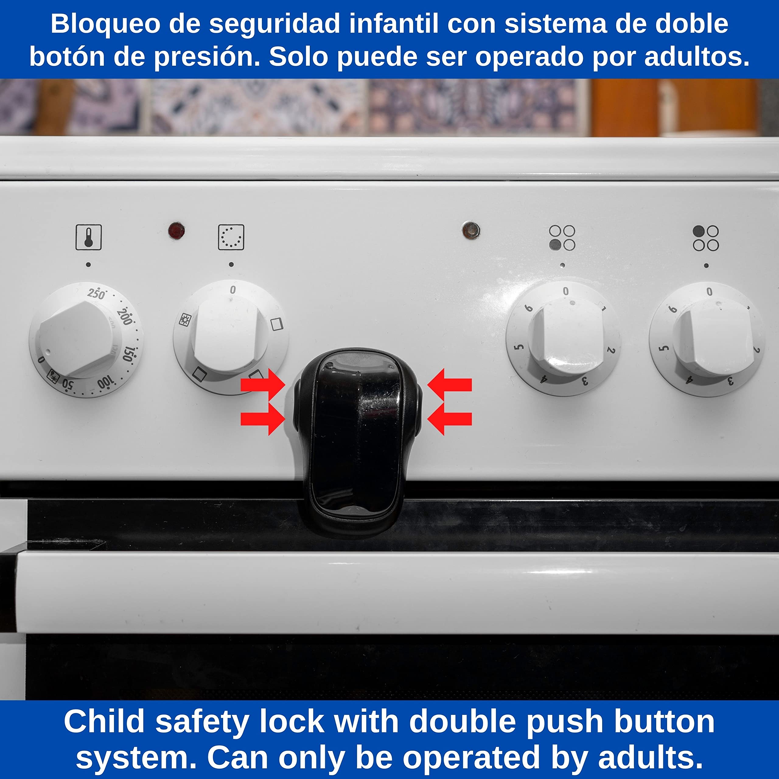 Cerradura de la puerta del horno, 2 pzs, en Negro, adhesivo especial, resistentes al calor, Diseño de doble botón, Bloqueo de Seguridad Horno, Estufa, Cajón, Puerta, Cerradura de Seguridad para Niños
