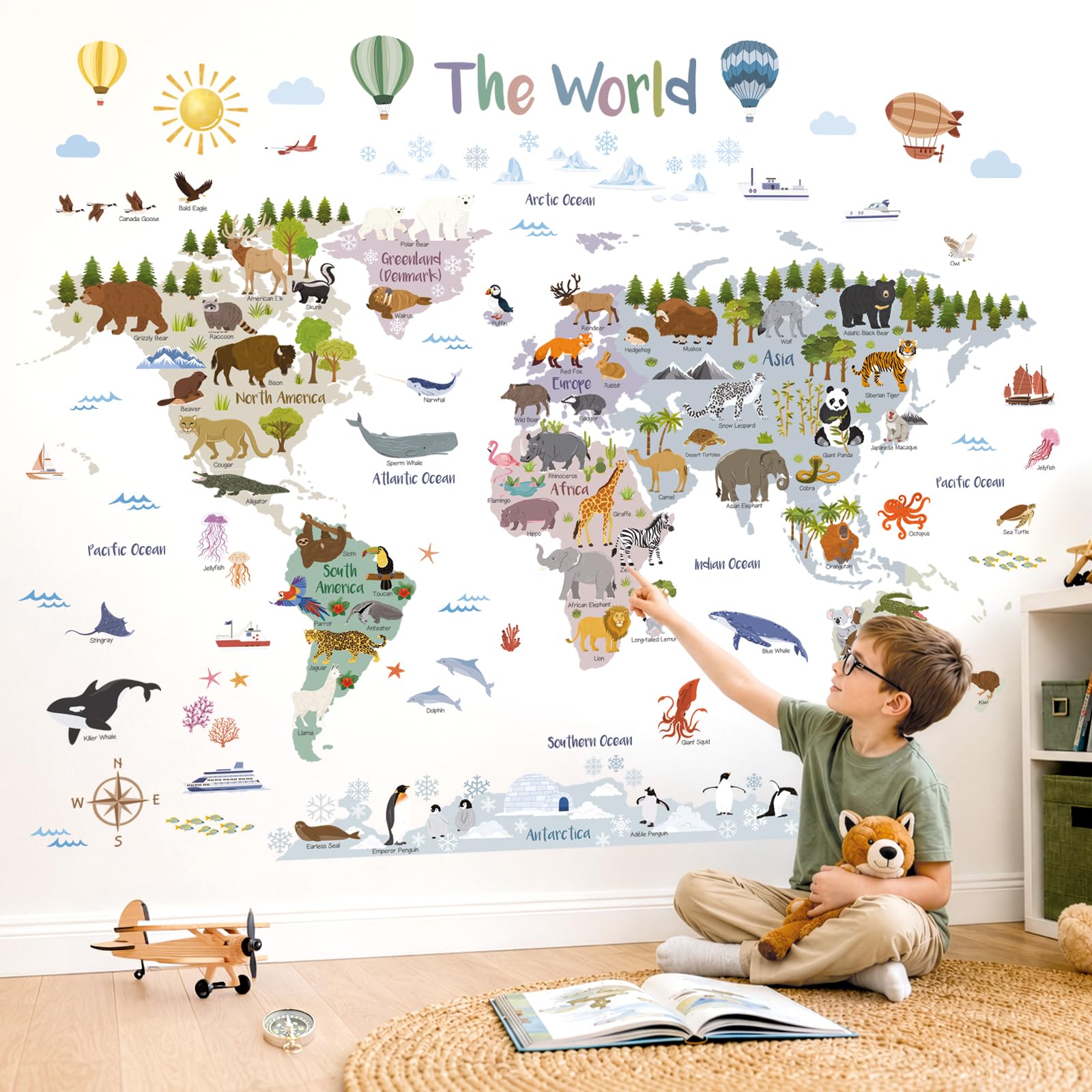 DECOWALL Naklejki ścienne Mapa świata Boho ze zwierzętami - naklejka ścienna edukacyjna do pokoju dziecięcego, przedszkola i pokoju zabaw (105 × 83 cm) (SG2-2516)