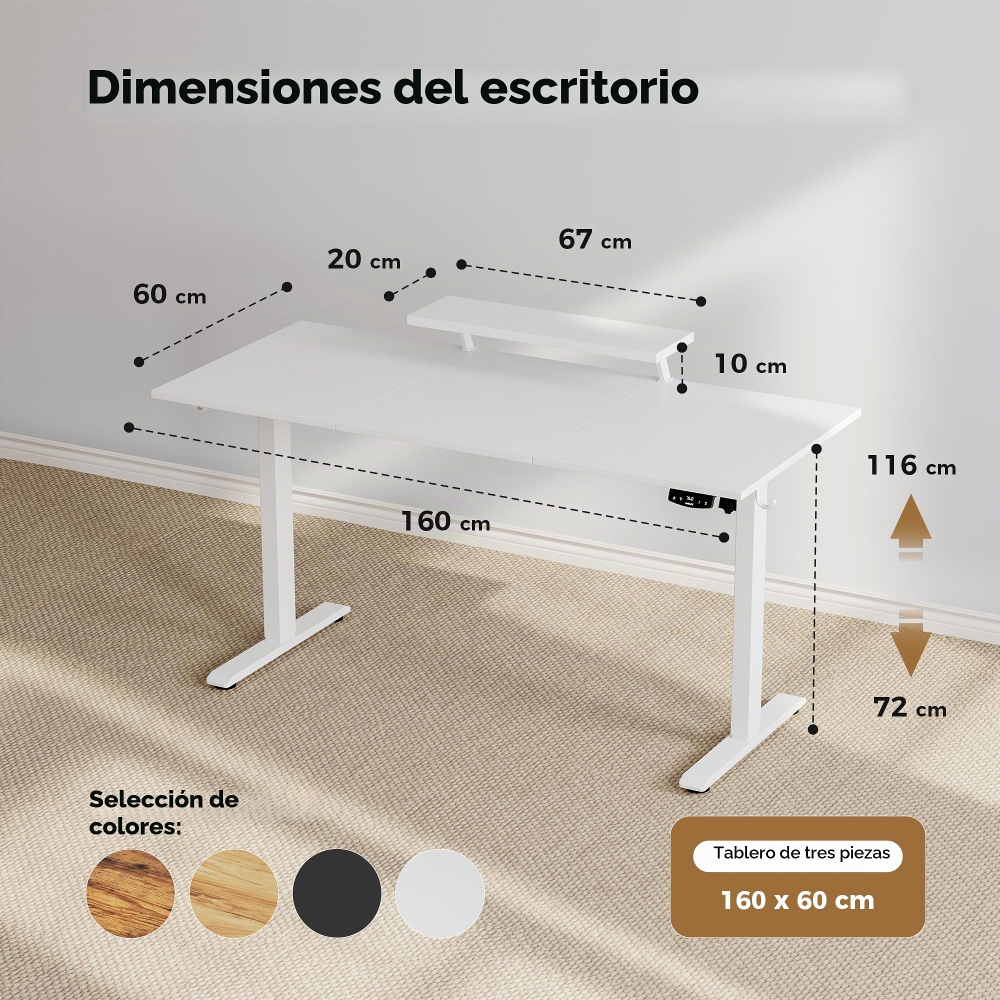 Agilestic Escritorio de Altura Ajustable 160 x 60 cm, Escritorio con Soporte de Monitor Móvil, para Homeoffice, Oficina, Blanco