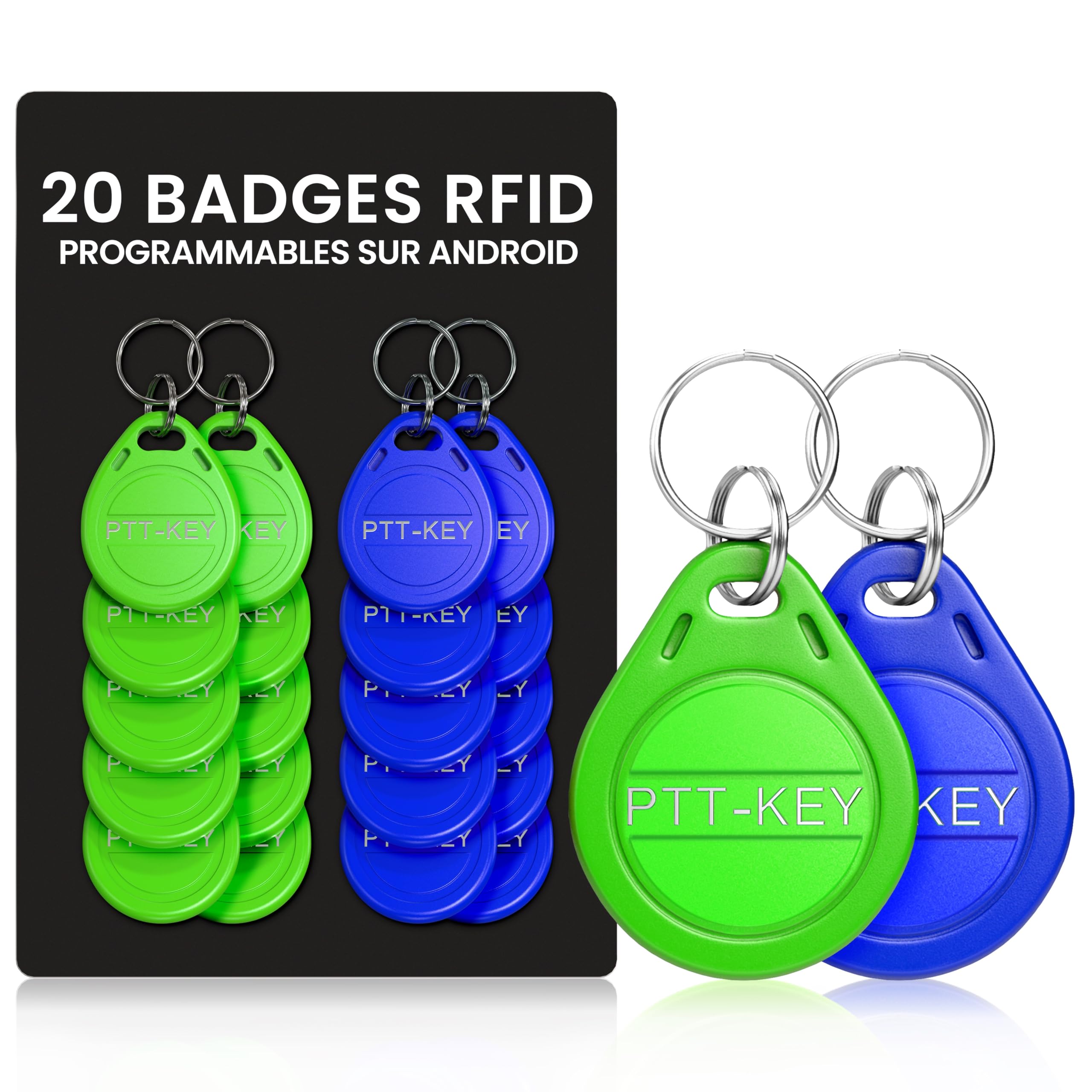 PTT-KEY | Confezione da 20 badge RFID 13,56 MHz | MCT programmabile su smartphone Android | UID modificabile | Chip CUID | Distintivo Vigik Universale | NFC Tag | Badge Passaggio Ovunque | Badge