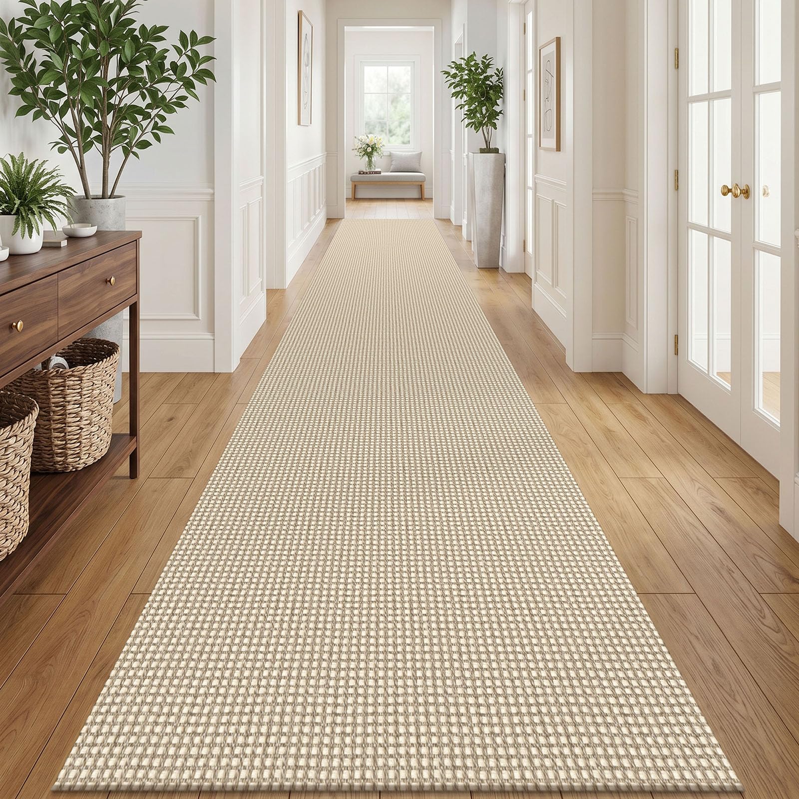 IOHOUZE Washable Exrea Long Hallway Runner Rug 3x20 Non Slip Rubber Backed Kitchen Runner Entryway Runner Indoor, Woven Rugs Floor Carpet for Kitchen Hall Entryway, Cream/Beige