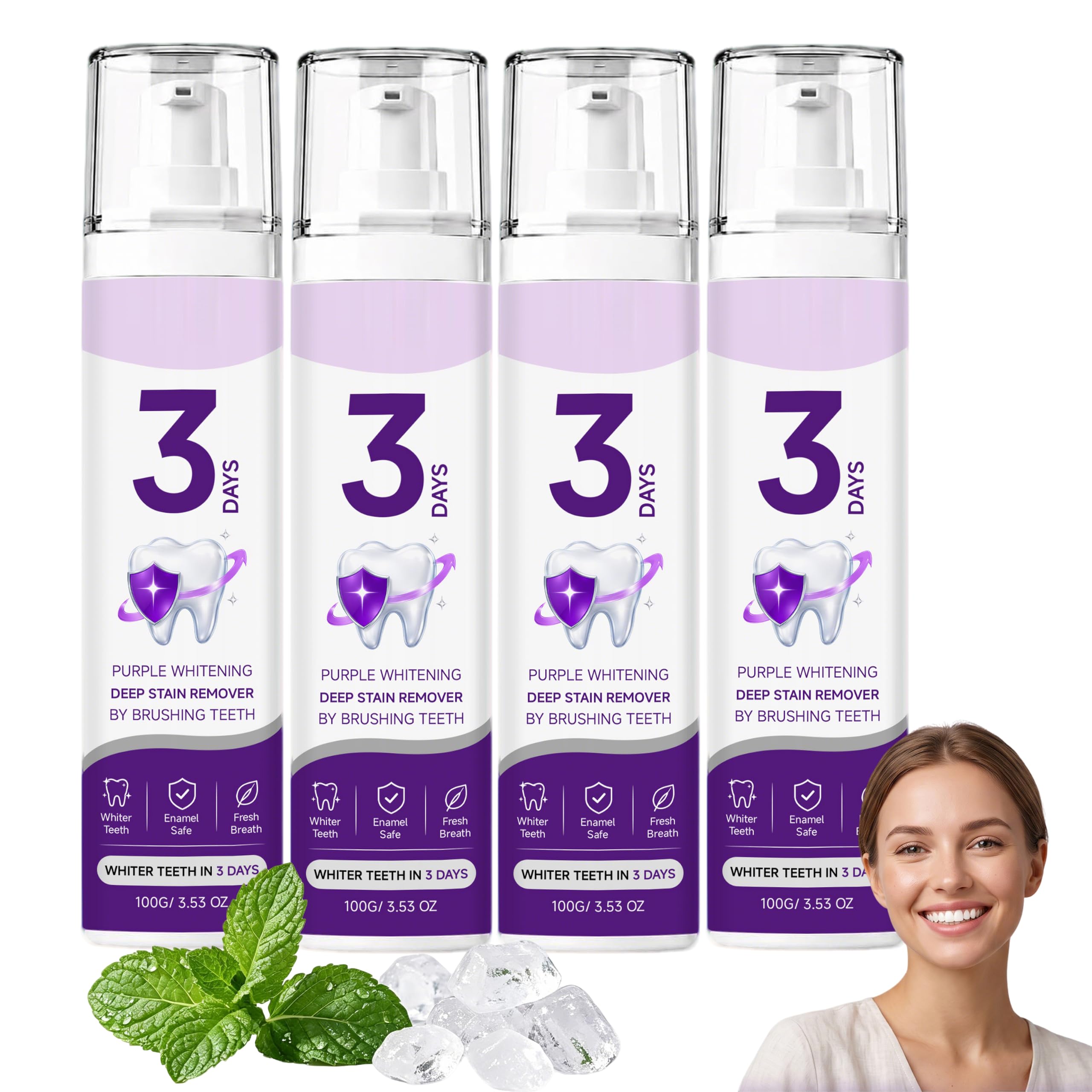 Purple Whitening - Dentifricio sbiancante, smalto rinforzante e alito fresco (4 pezzi) | Il dentifricio con colorazione viola dona un sorriso radioso, rimuove le macchie superficiali