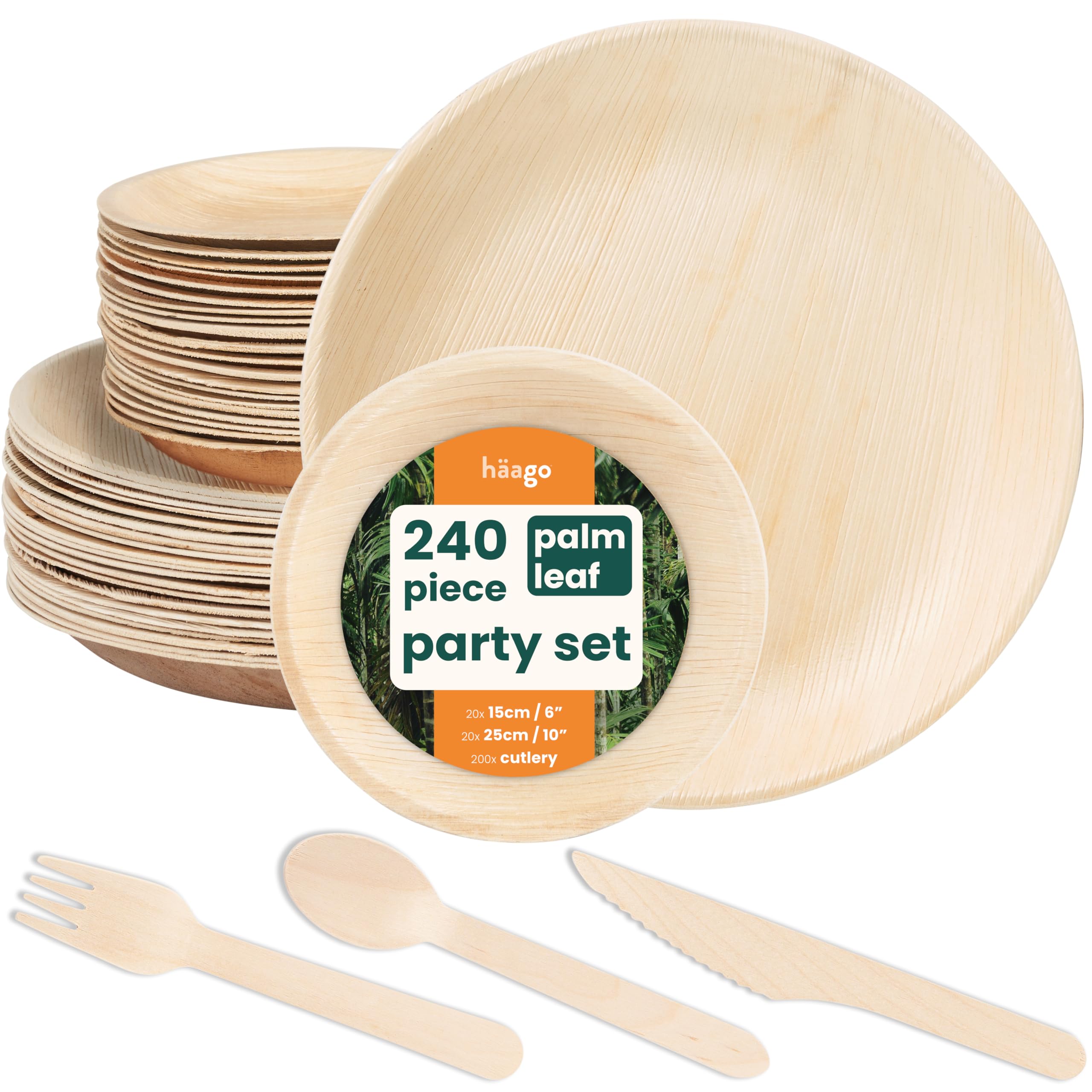 HAAGO 20 25cm Eco-Friendly Round Palm Leaf Plates, 20 15cm Eco-Friendly Palm Leaf Plates & 200 Piece Wooden Cutlery Set - 240 Piece Sets