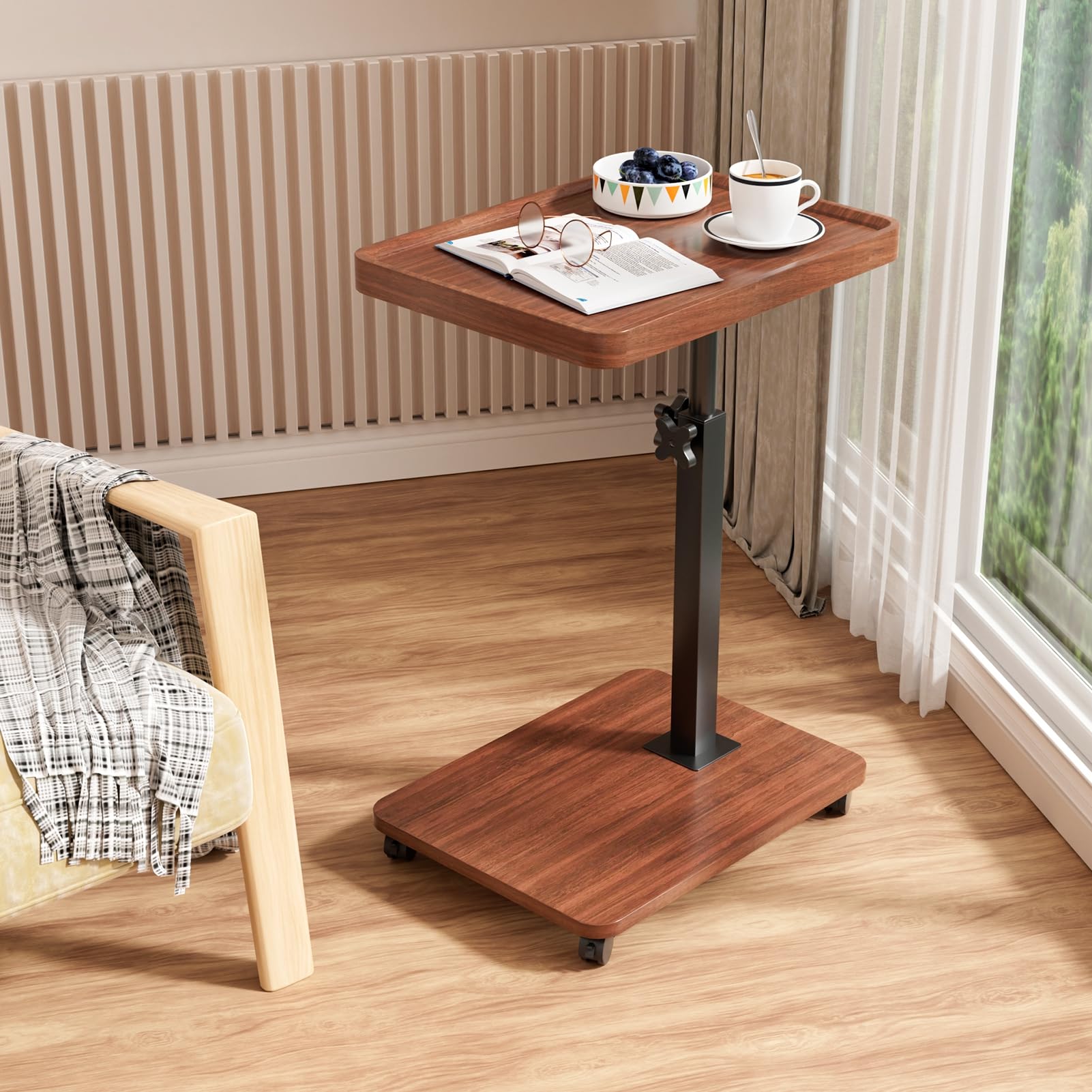 Mesita Auxiliar en Forma de C, Mesa Auxiliar de Altura Ajustable para sofá con Estante de Almacenamiento de 2 Niveles, mesita de Noche giratoria con Ruedas para Sala de Estar y dor
