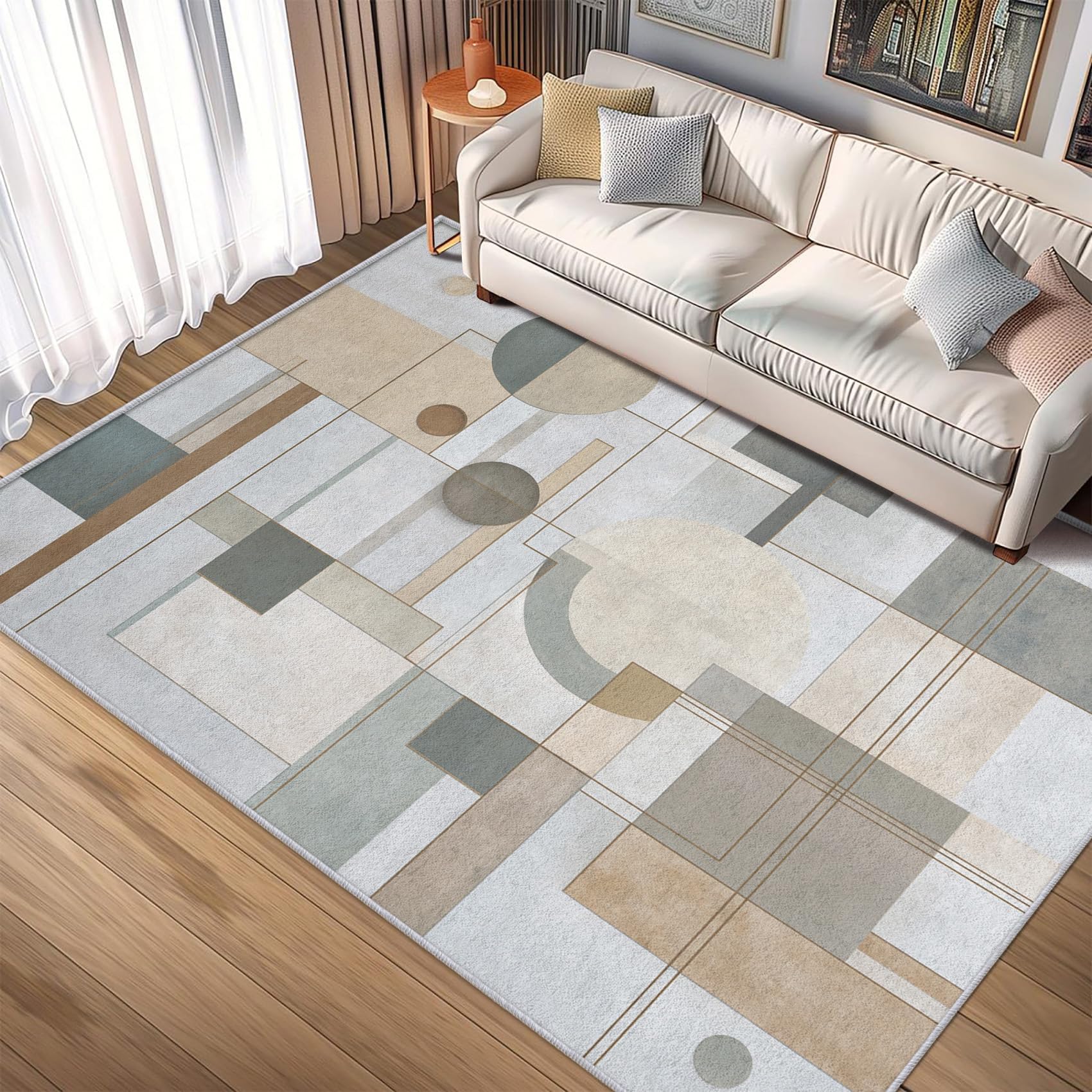 Tapis salon rétro 50's lavable grand format 200x290cm géométrique gris