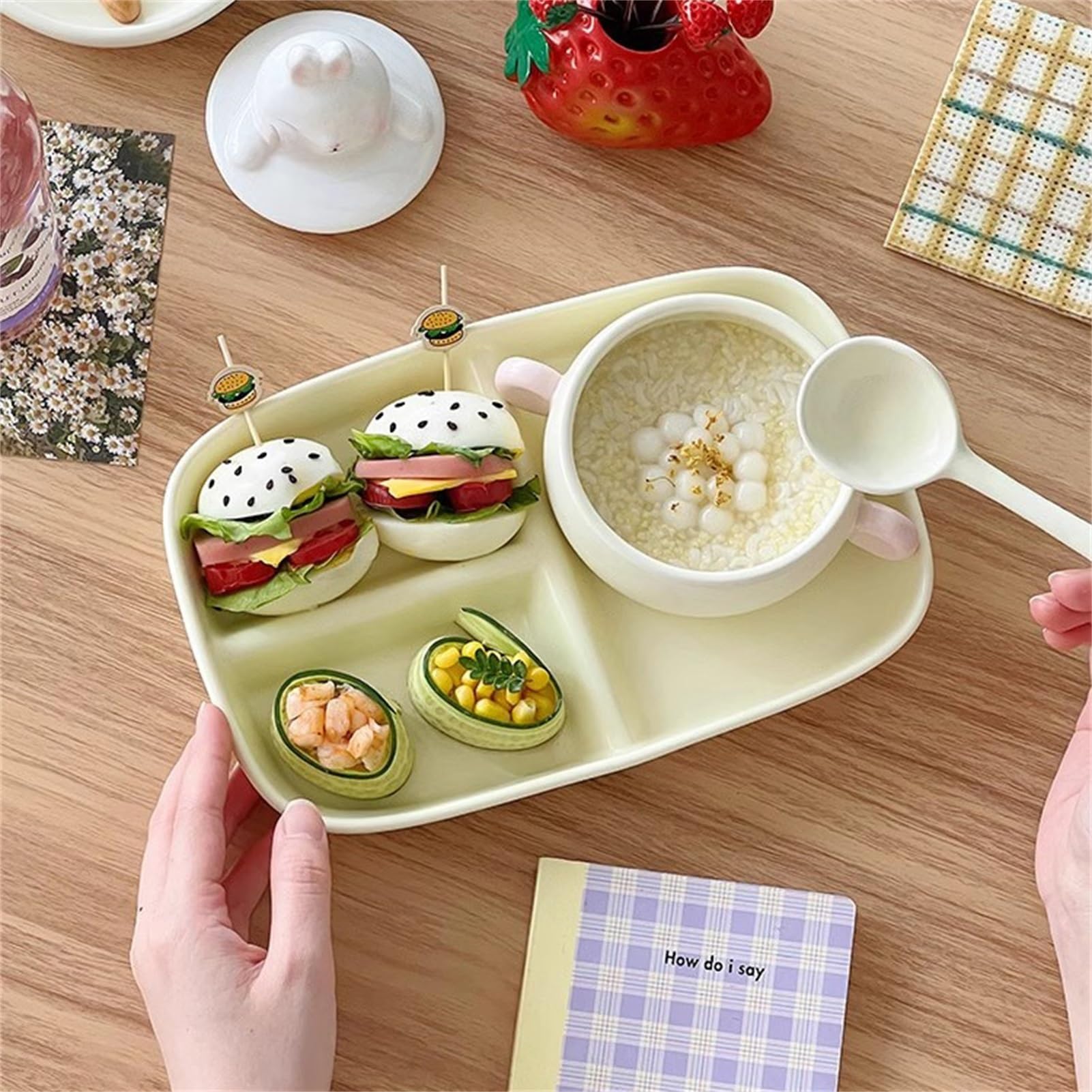 Assiette divisée + Bol à soupe + Cuillère | Assiette à dîner en céramique à 3 compartiments, assiettes de contrôle des portions for plats de dîner for adultes, lavable au lave-vaisselle ( Color : Whit